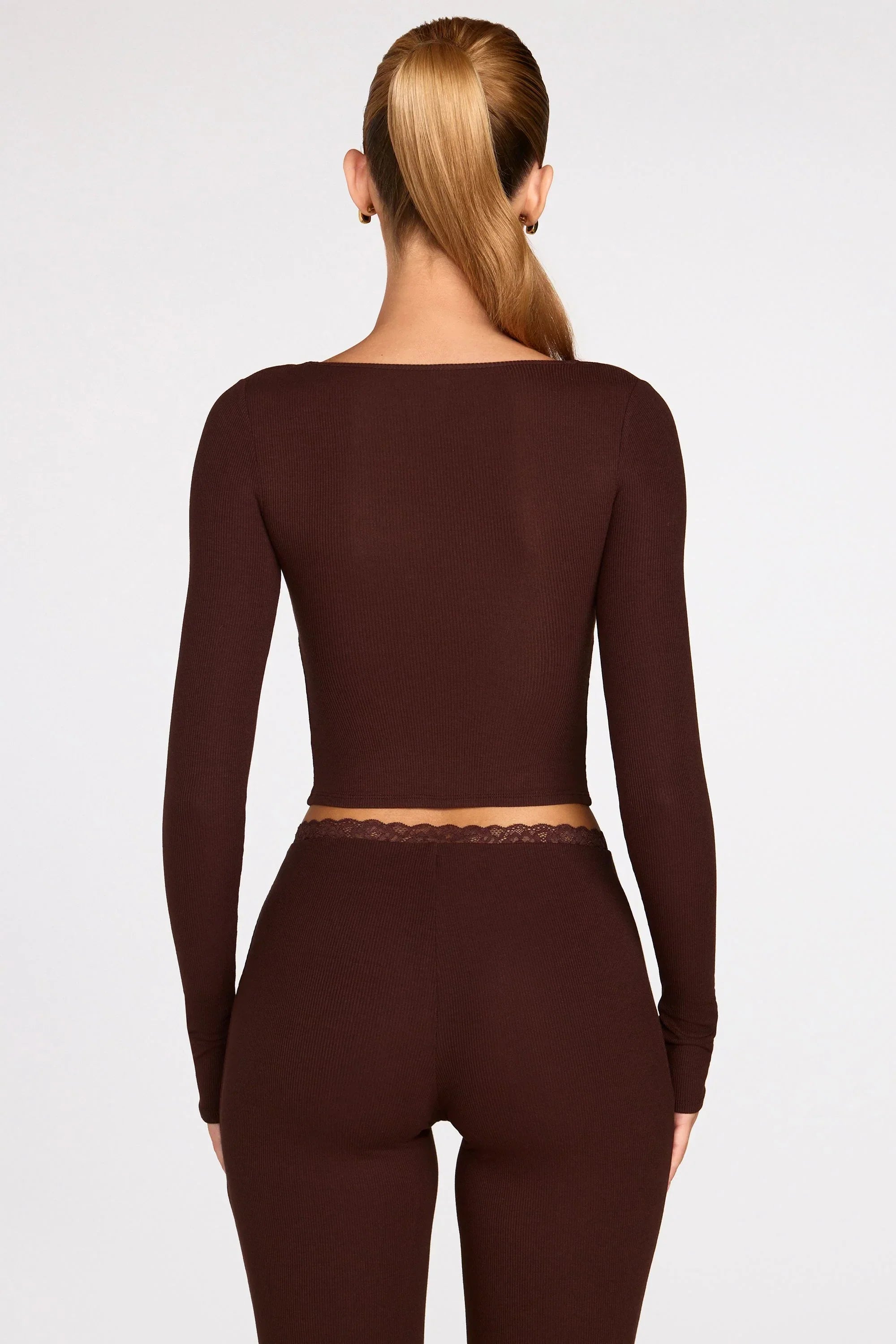Ribbed Modal Long Sleeve Laced Bra Top in Chocolate Brown
