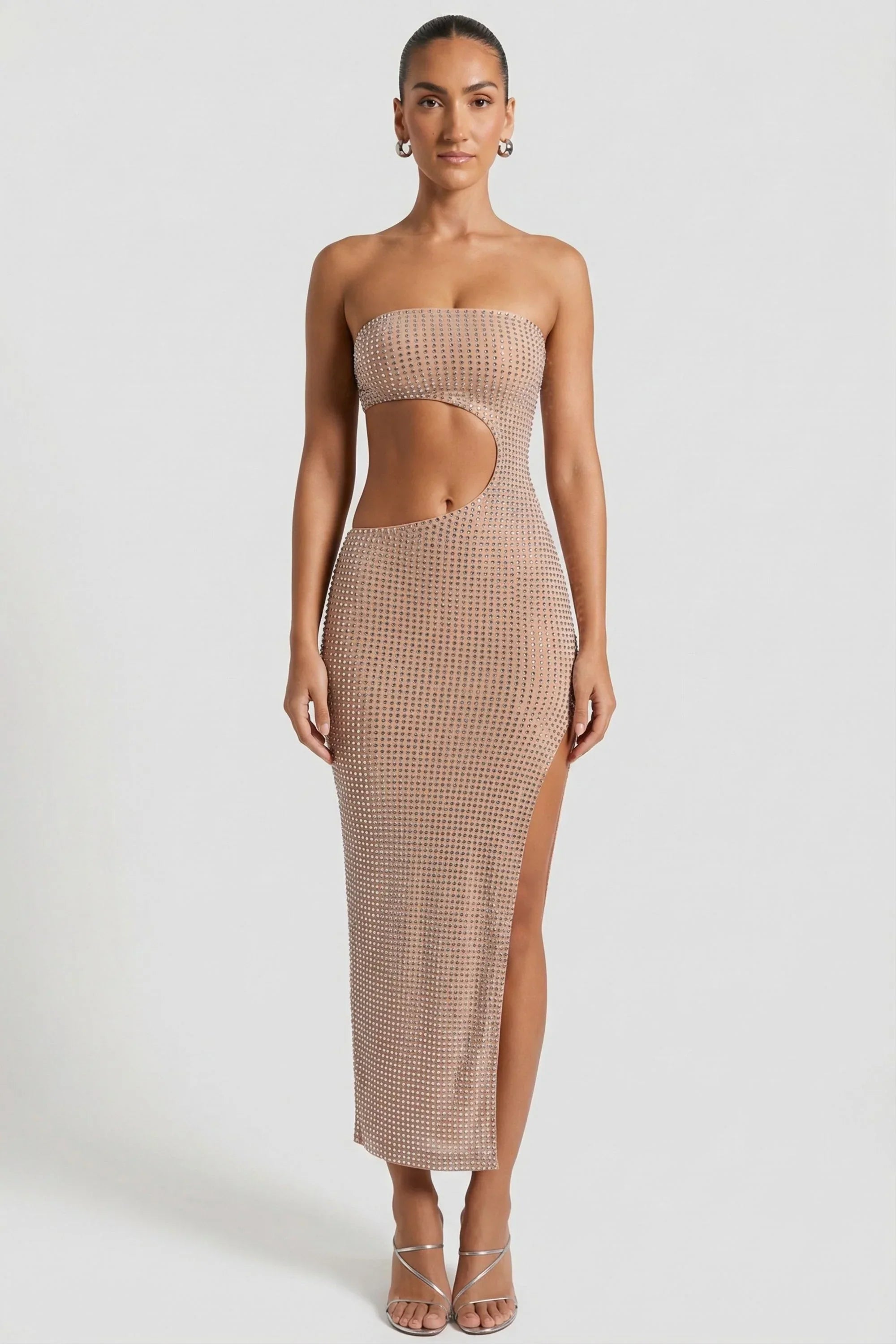 Embellished Cut Out Bandeau Maxi Dress in Honey