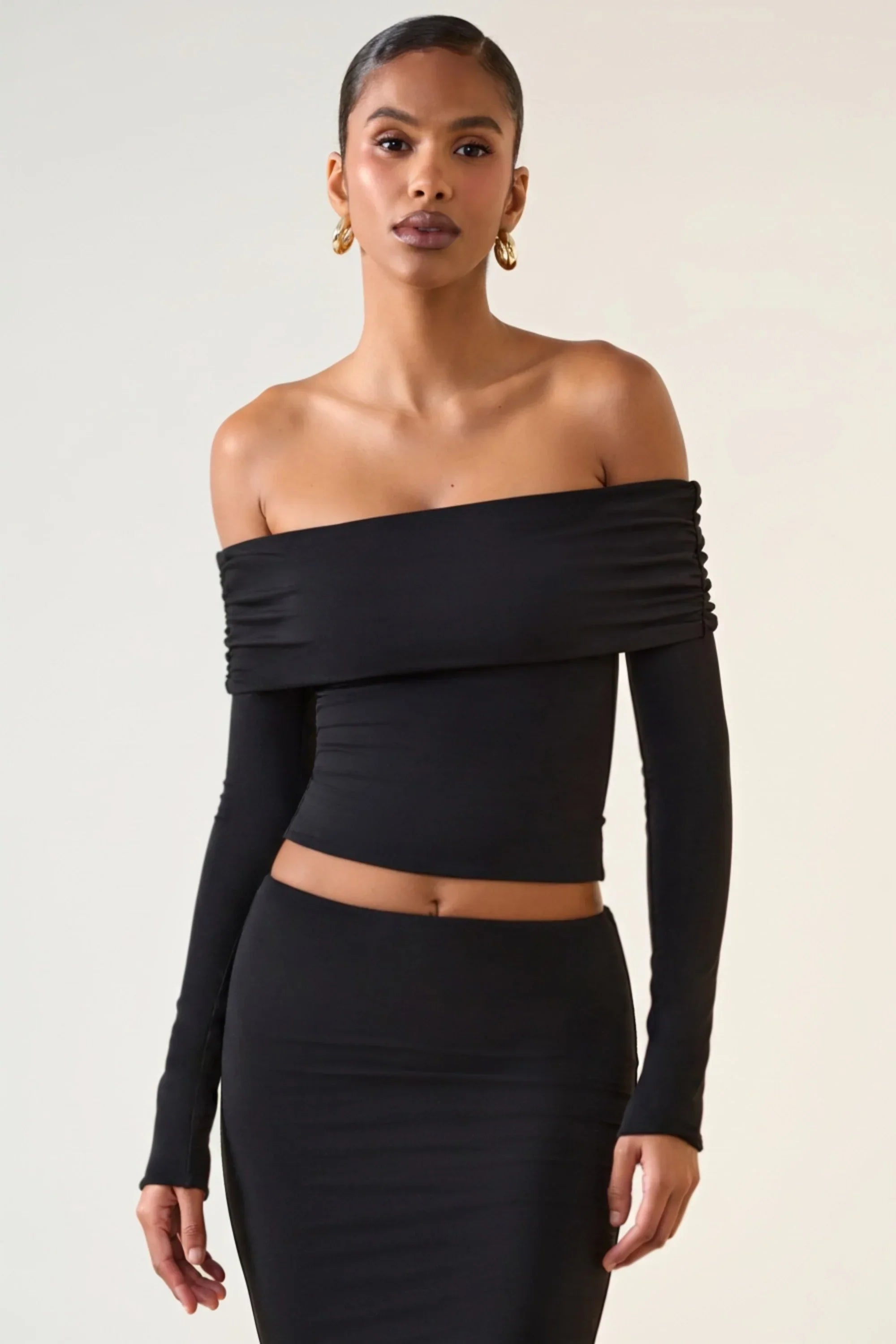 Modal Off Shoulder Long Sleeve Top in Black