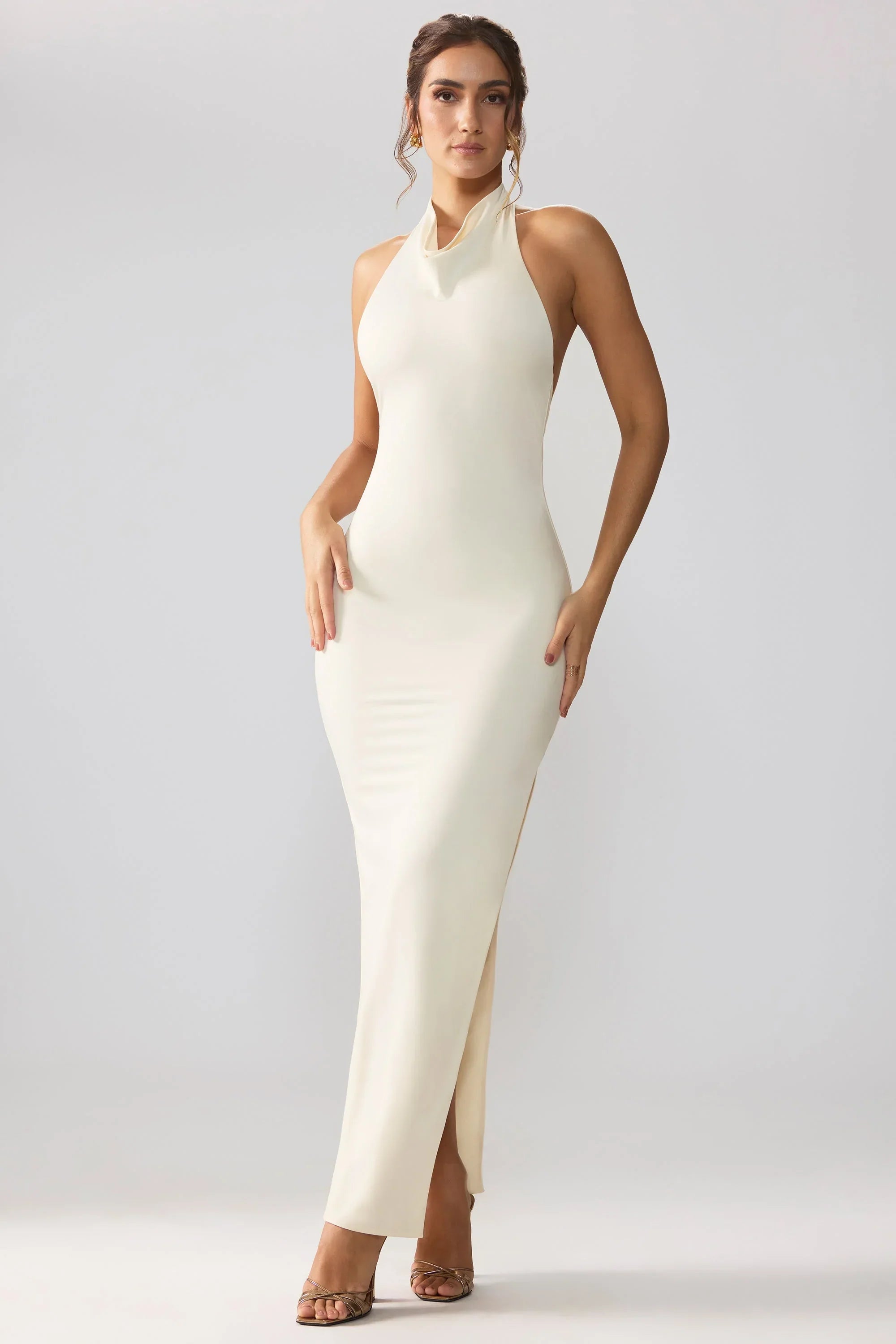 Jersey Cowl Neck Backless Maxi Dress in Ivory