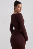 Ribbed Knit Slash Neck Top in Espresso