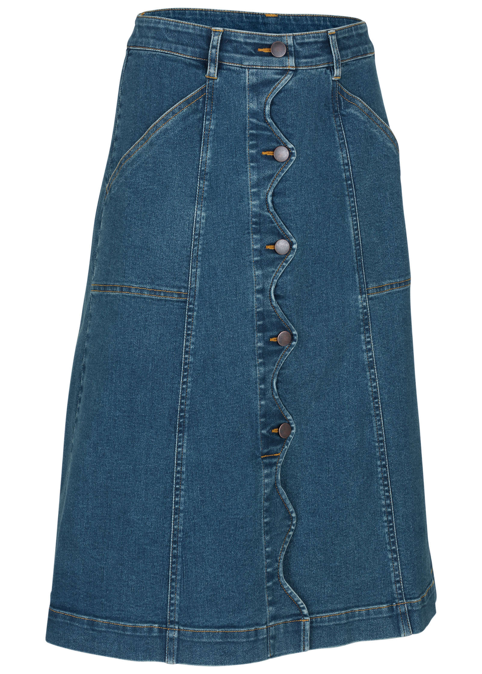 Wavy Denim Midi Skirt Medium Wash
