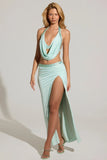 Embellished Low Rise Maxi Skirt in Aqua Blue