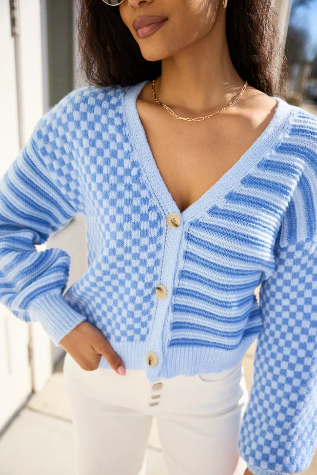 Samara Checkered And Stripes Blue Cardigan SALE