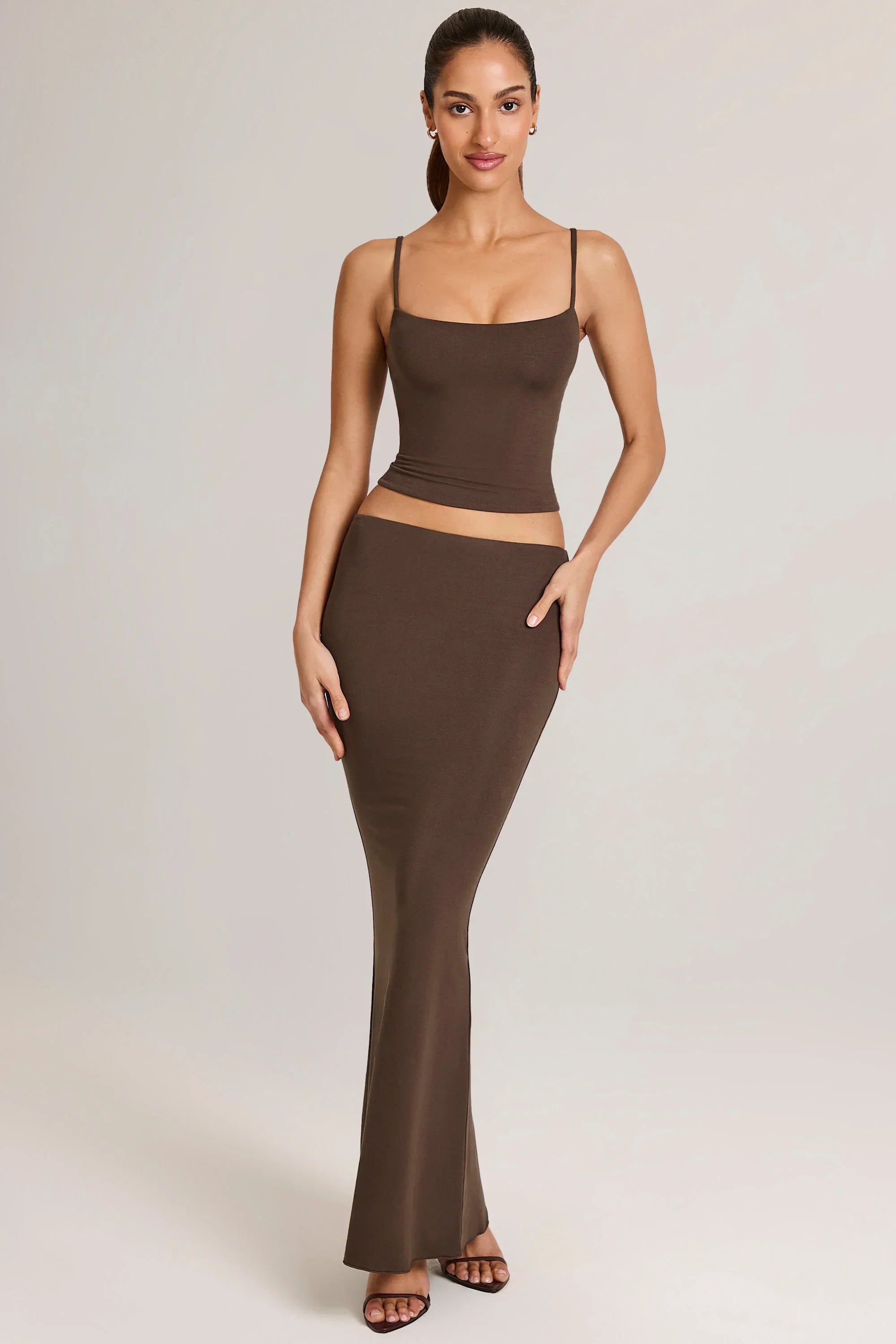 Modal Mid Rise Fishtail Maxi Skirt in Chocolate Brown