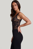 Sheer Lace Scalloped Plunge Neck Bodysuit in Black