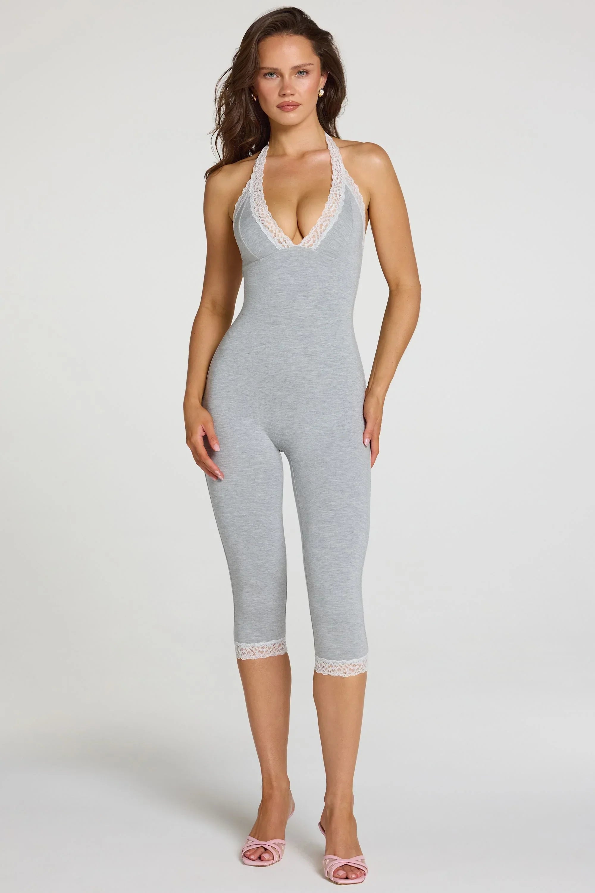 Modal Lace Trim Capri Jumpsuit in Grey Marl