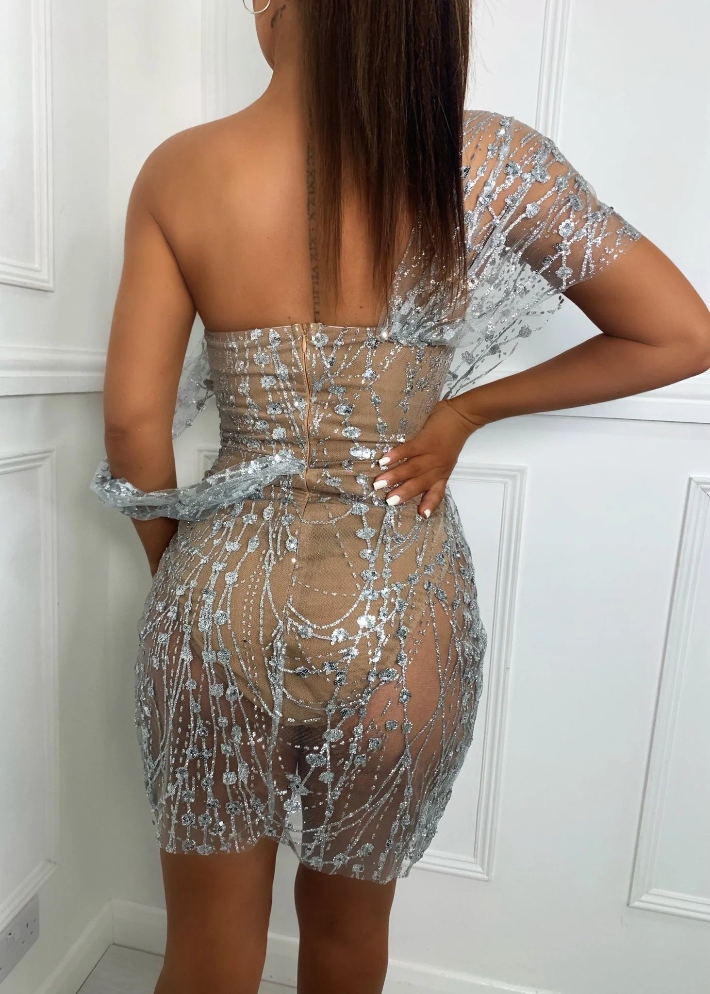 Sparkle Delight Glitter Mesh Dress Silver