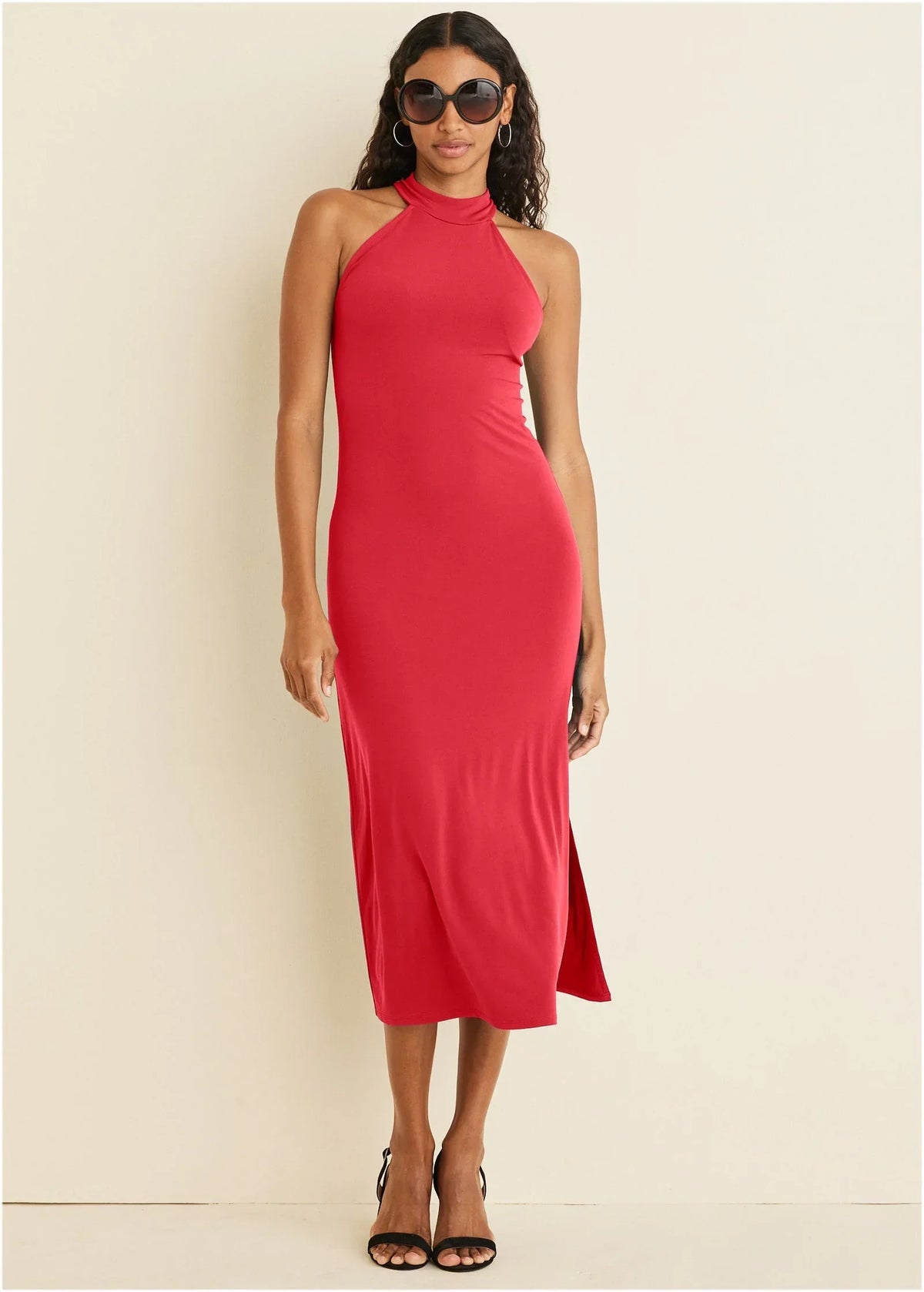 High Neck Midi Dress Red