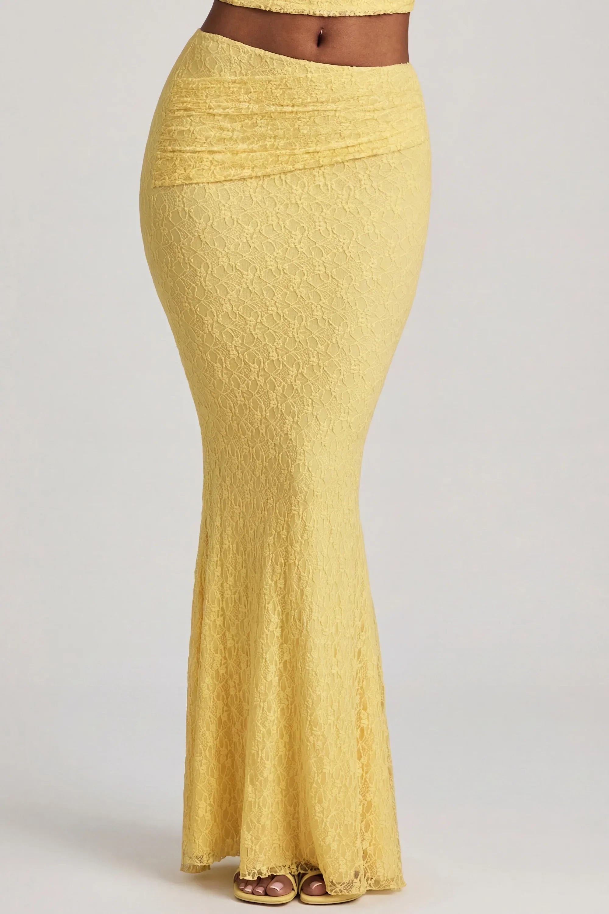 Draped Low Rise Lace Maxi Skirt in Pastel Yellow