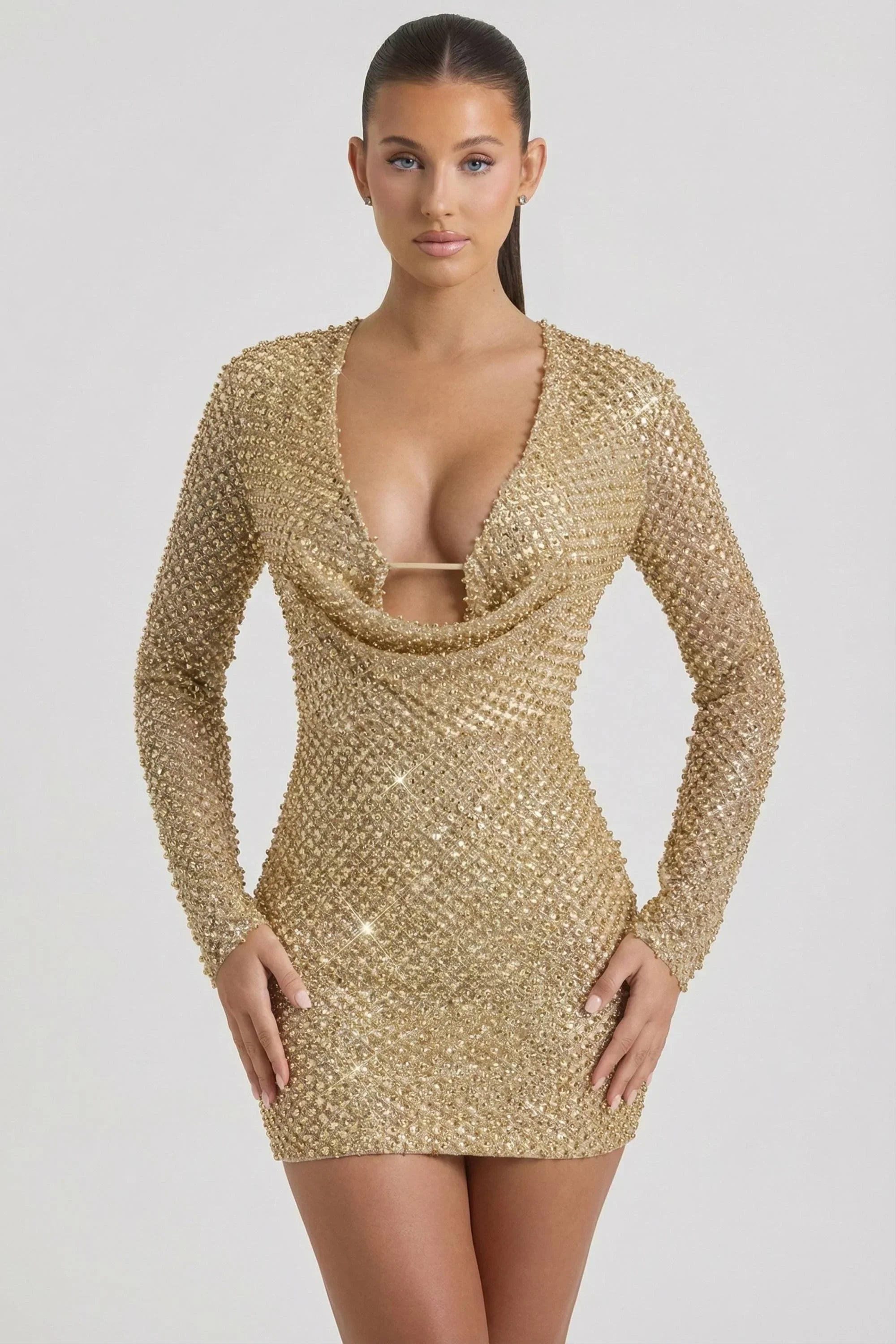 Embellished Cowl Neck Mini Dress in Gold