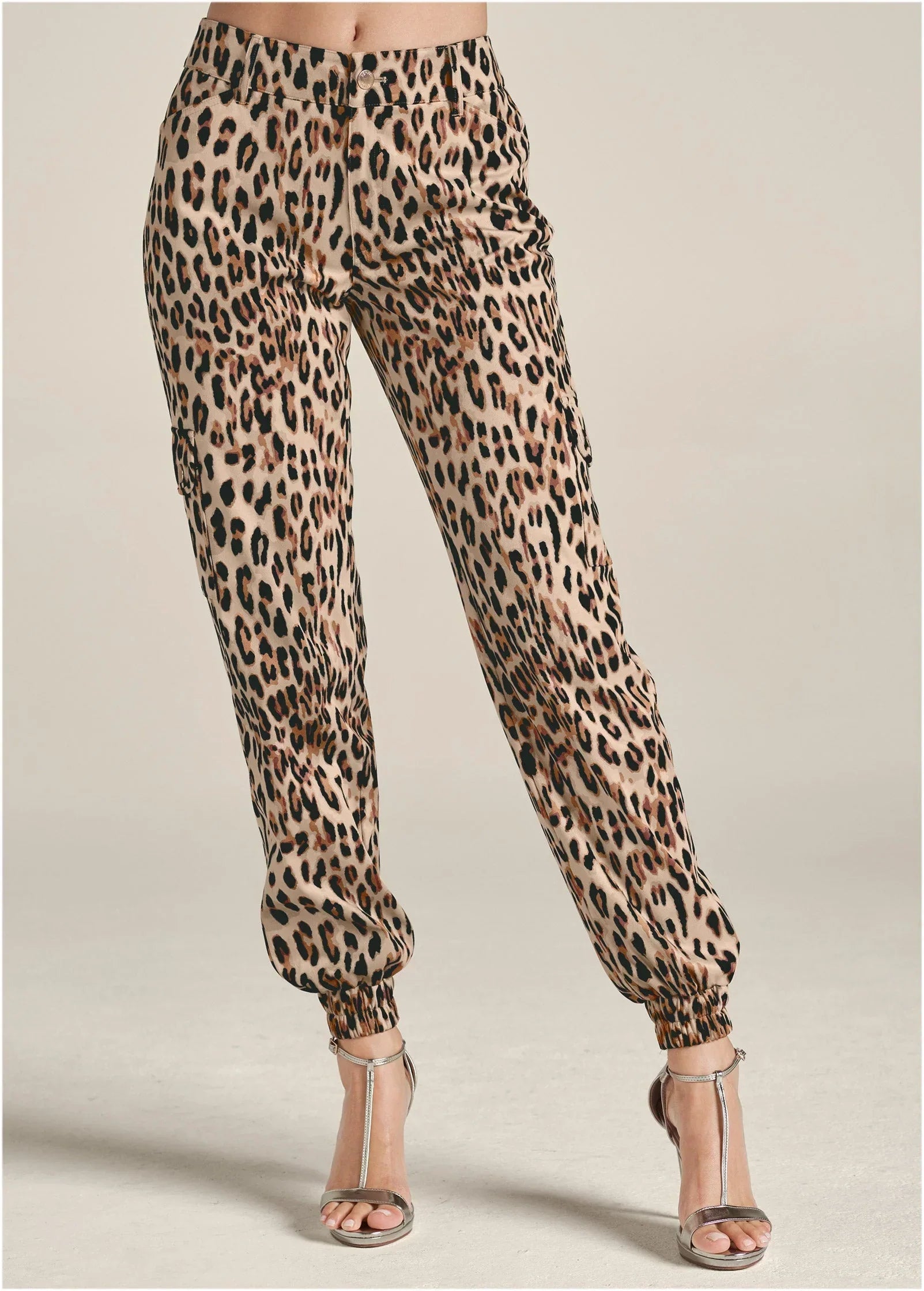 Faux Suede Leopard Print Cargo Pants Brown Multi