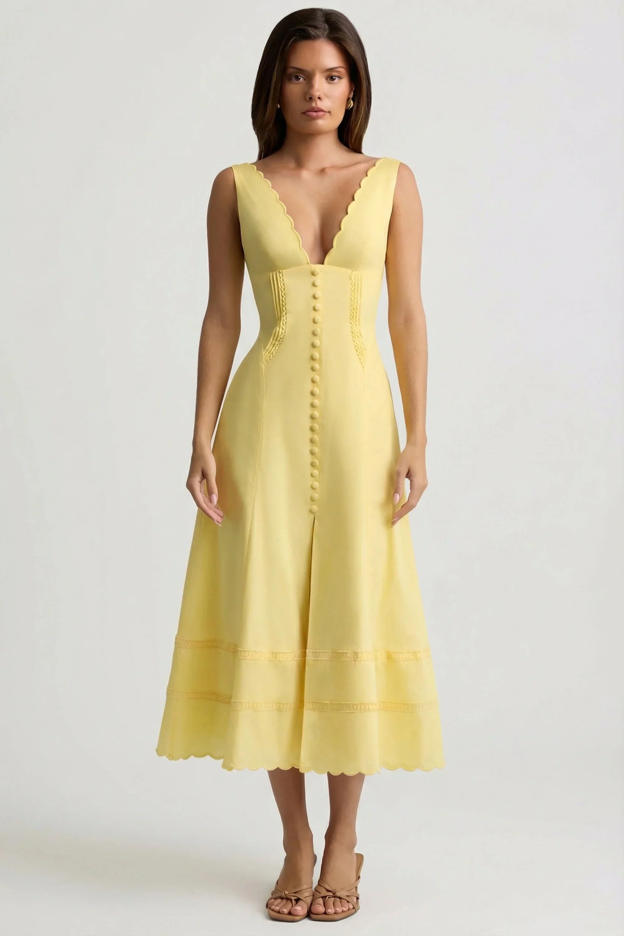 Cotton Poplin A Line Midaxi Dress in Pastel Yellow