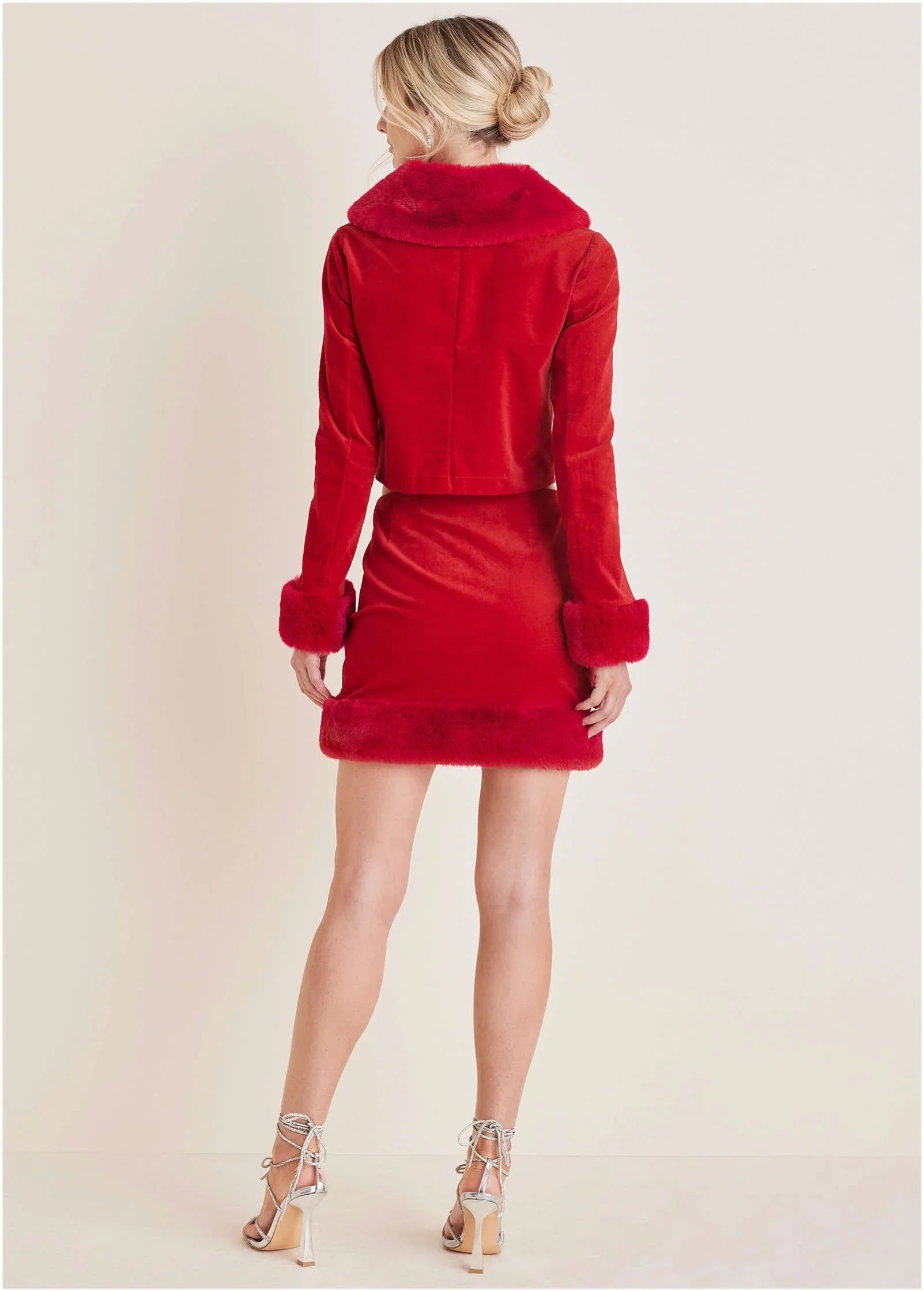 Faux Fur Trim Velvet Coat Haute Red