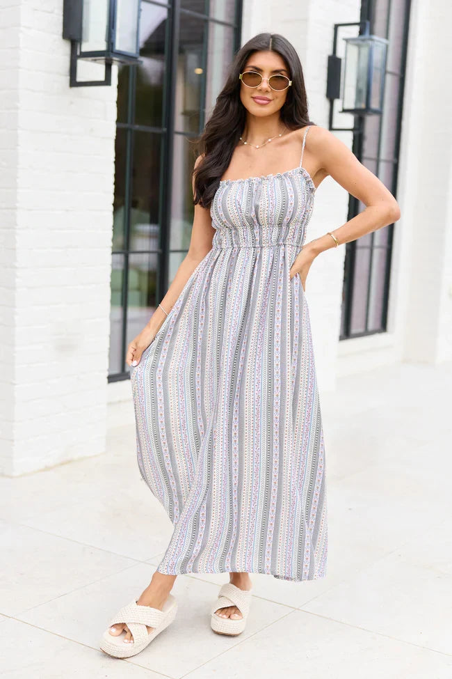 Lovingly Yours Lavendar Stripe Floral Midi Dress