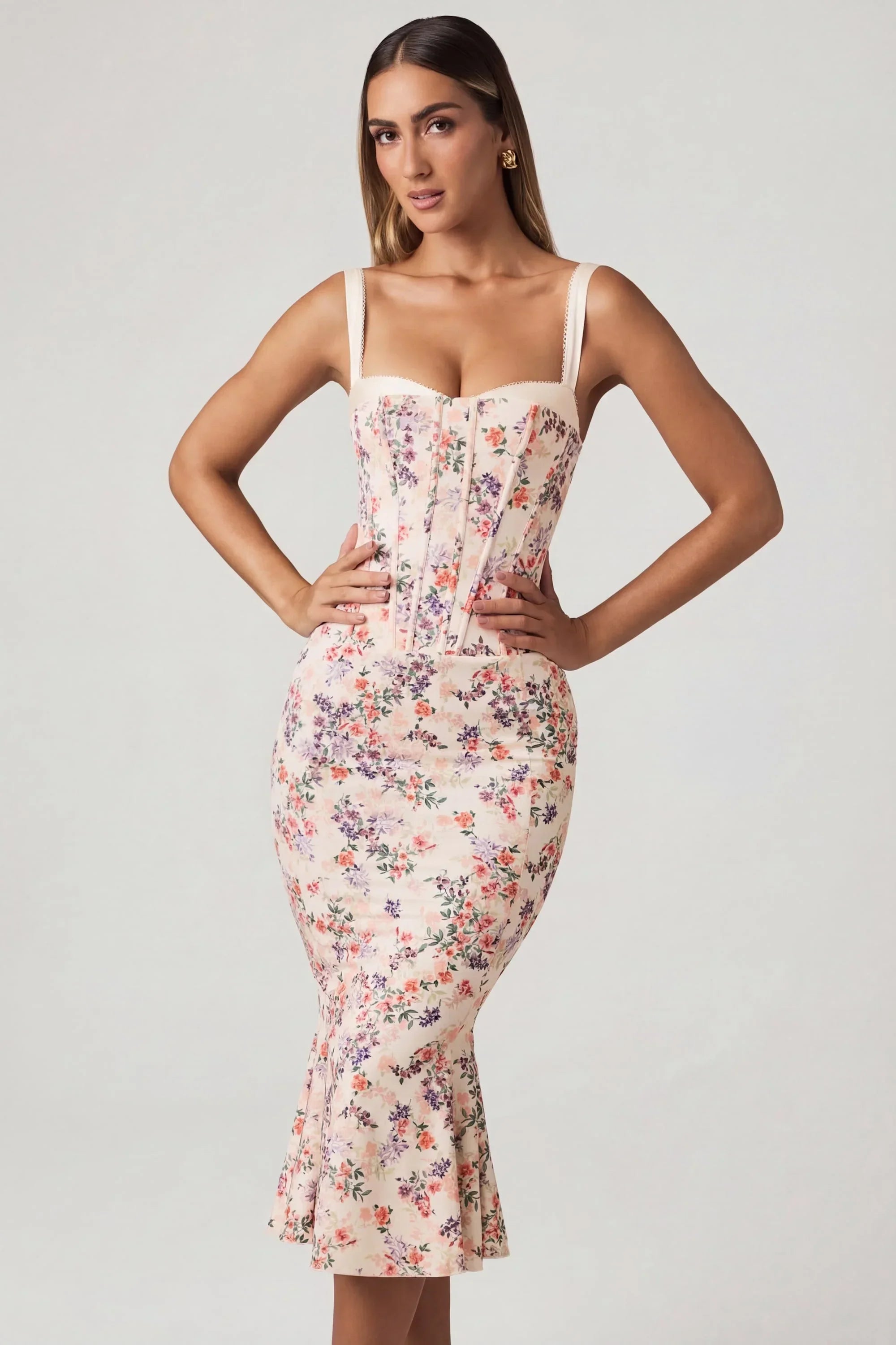 Layered Bra Detail Fishtail Midaxi Dress in Primrose Floral Print