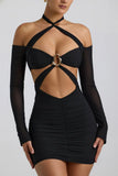 Off Shoulder Ruched Cut Out Mini Dress in Black