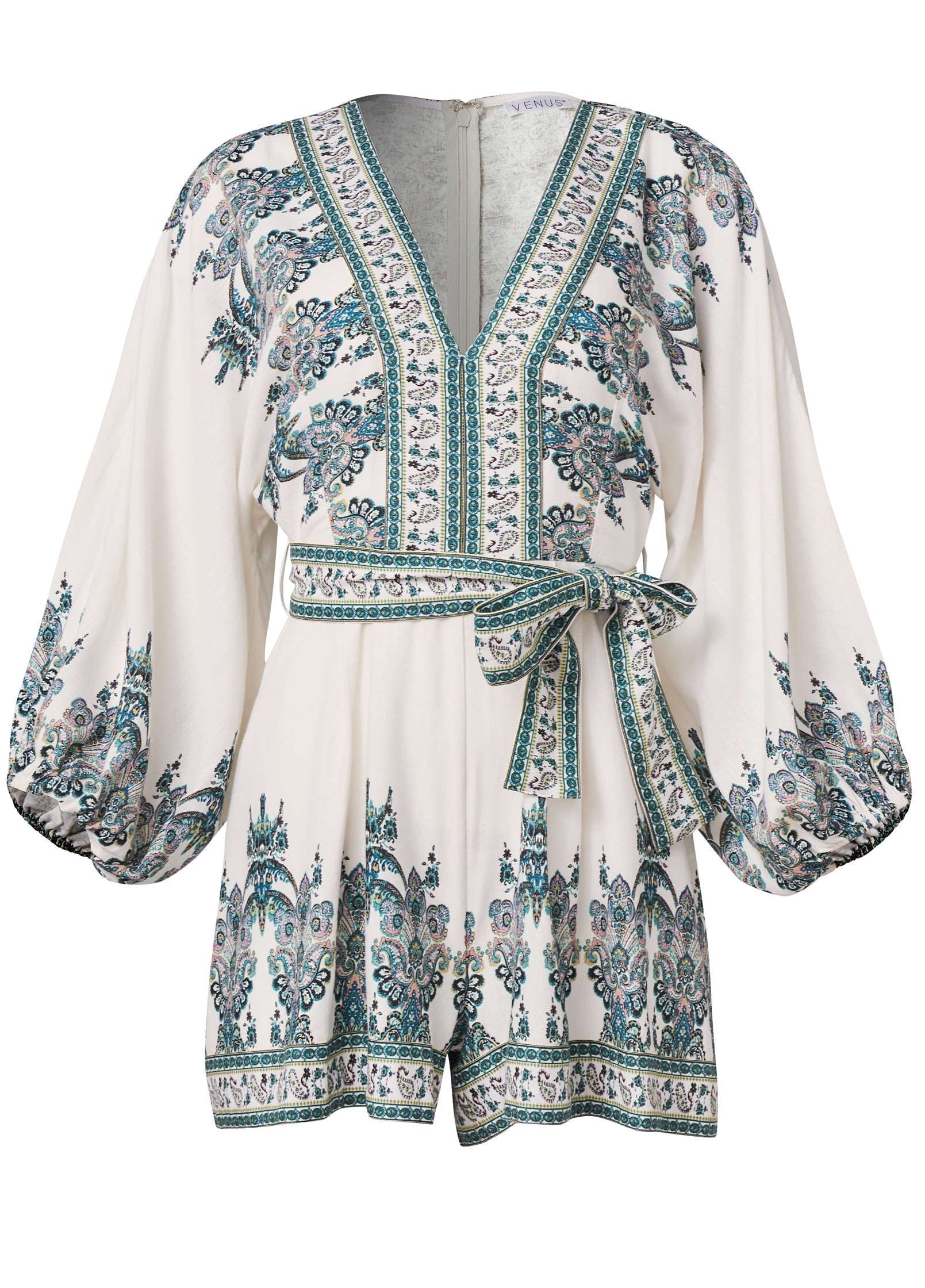 Linen Tie Waist Romper White Multi