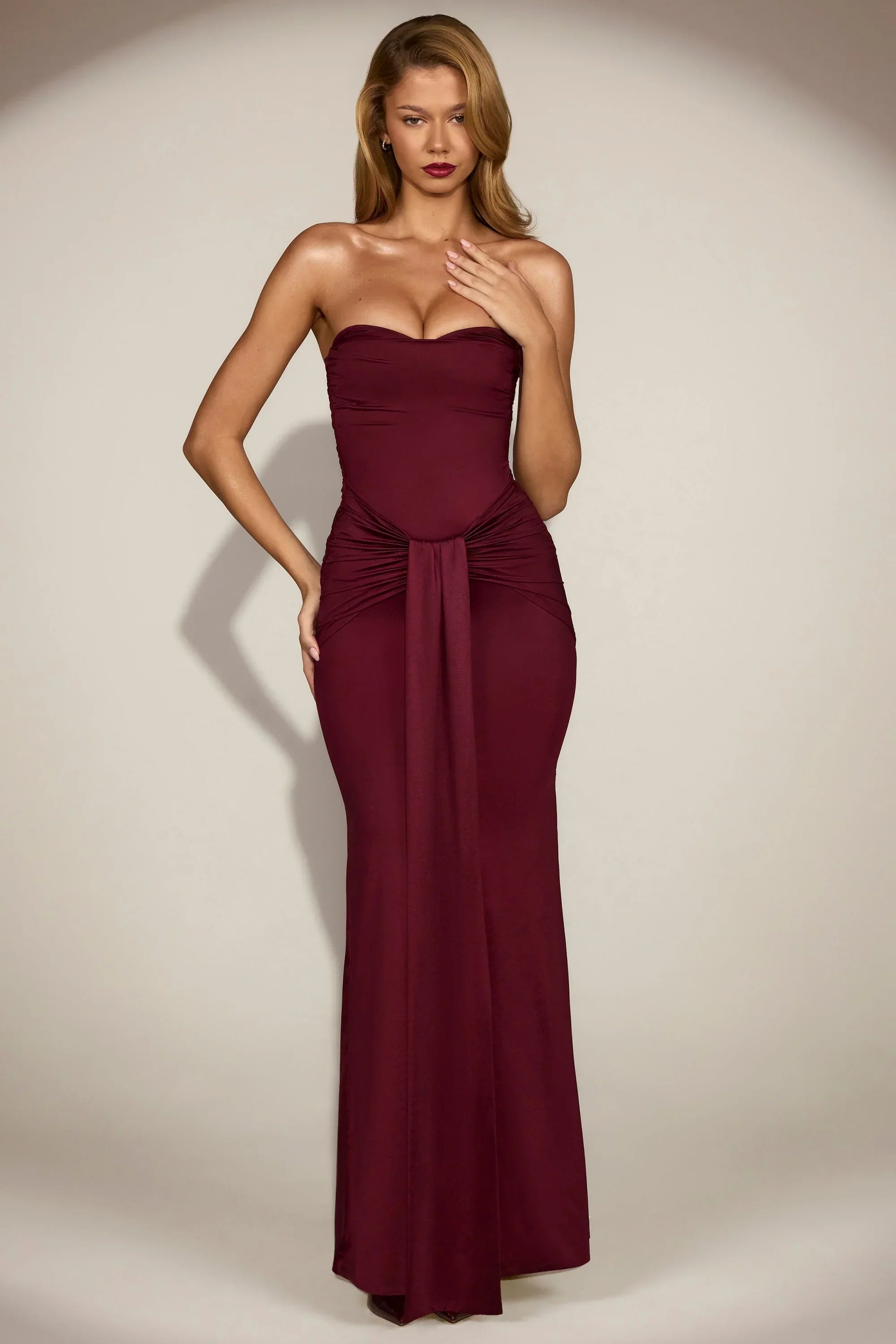 Satin Peekaboo Bandeau Draped Gown in Wine Red