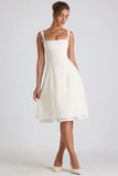 Bow Detail Pleated A Line Midi Dress in Ivory