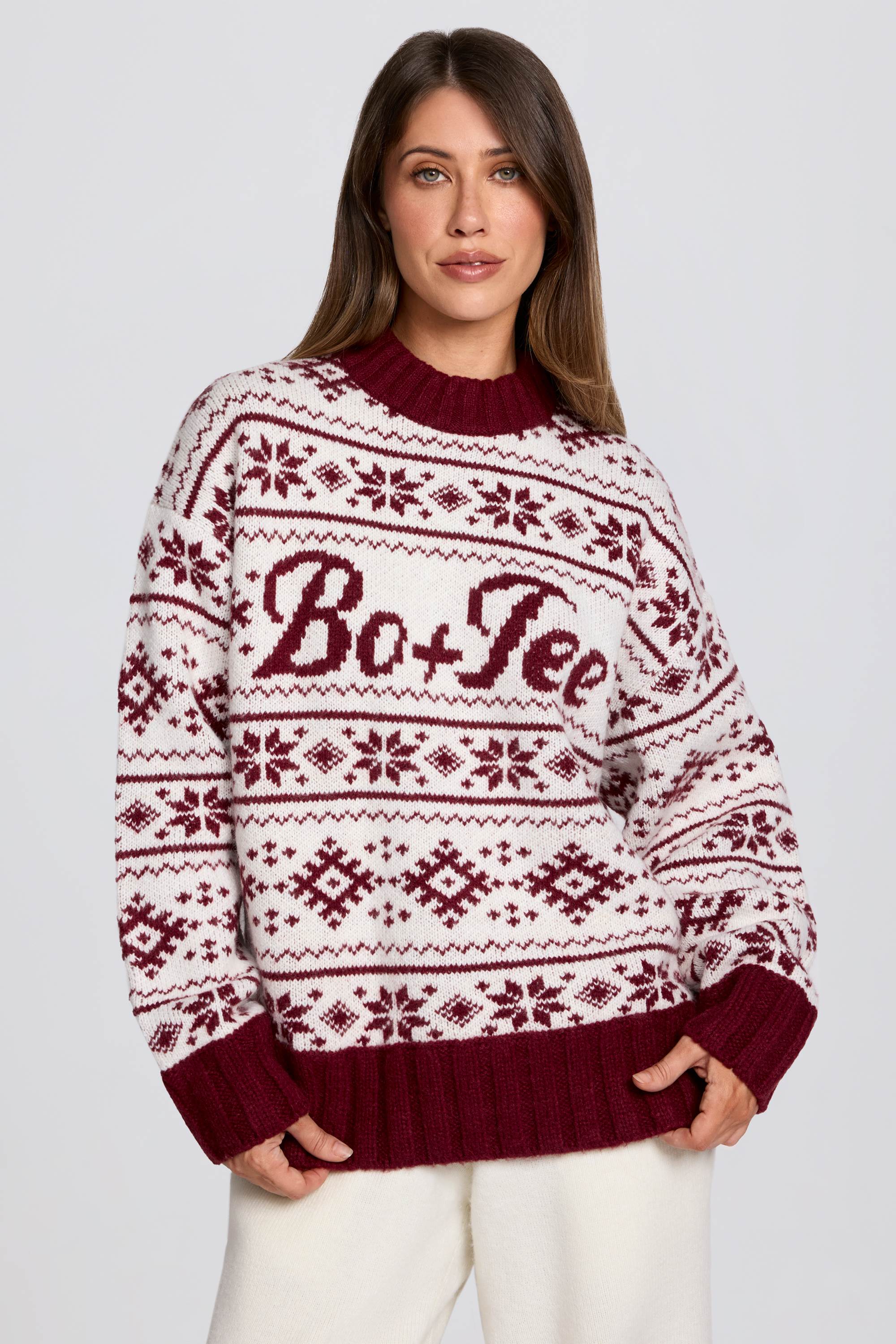 Jacquard Knit Oversized Jumper in Crimson Red