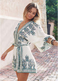 Linen Tie Waist Romper White Multi