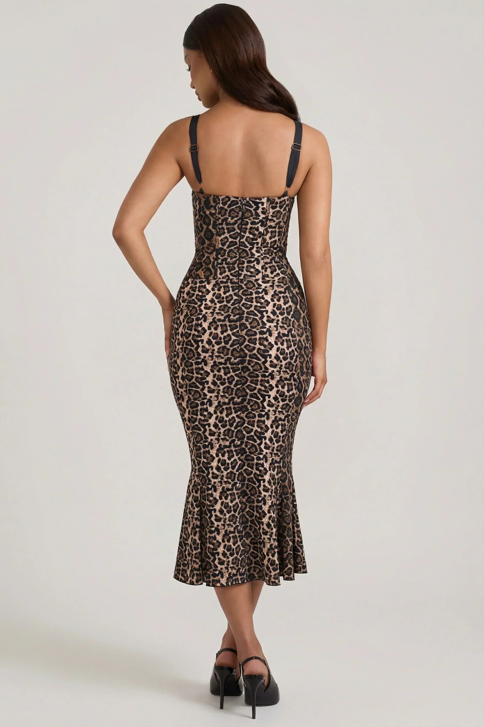 Layered Bra Detail Fishtail Midaxi Dress in Leopard Print