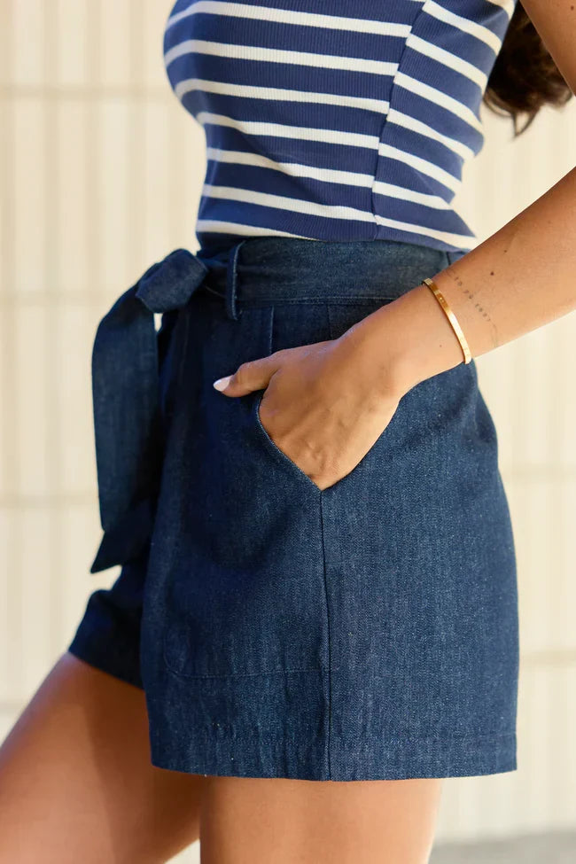 Wherever You Are Dark Wash Belted Denim Shorts