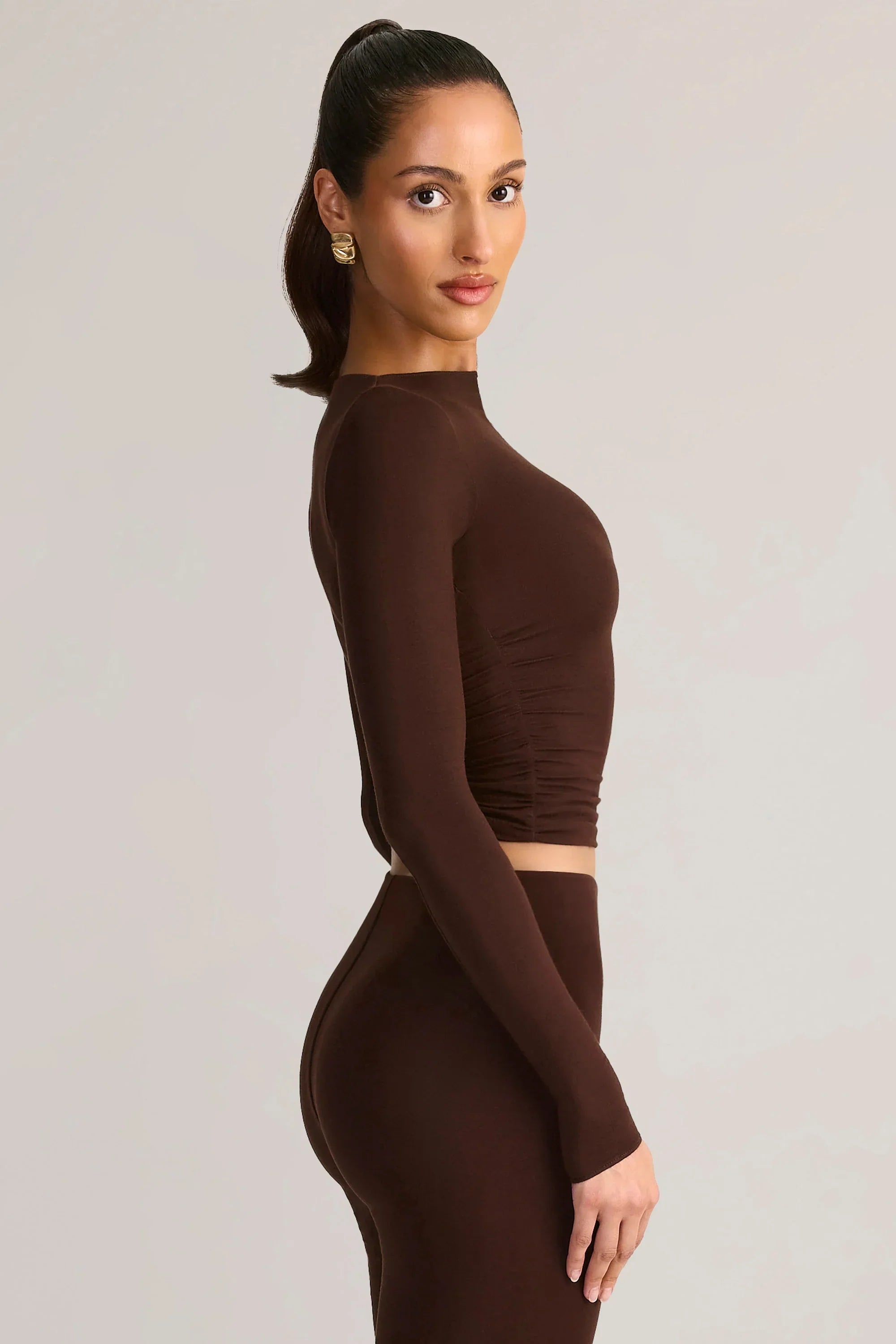 Modal Ruched Long Sleeve Top in Chocolate Brown