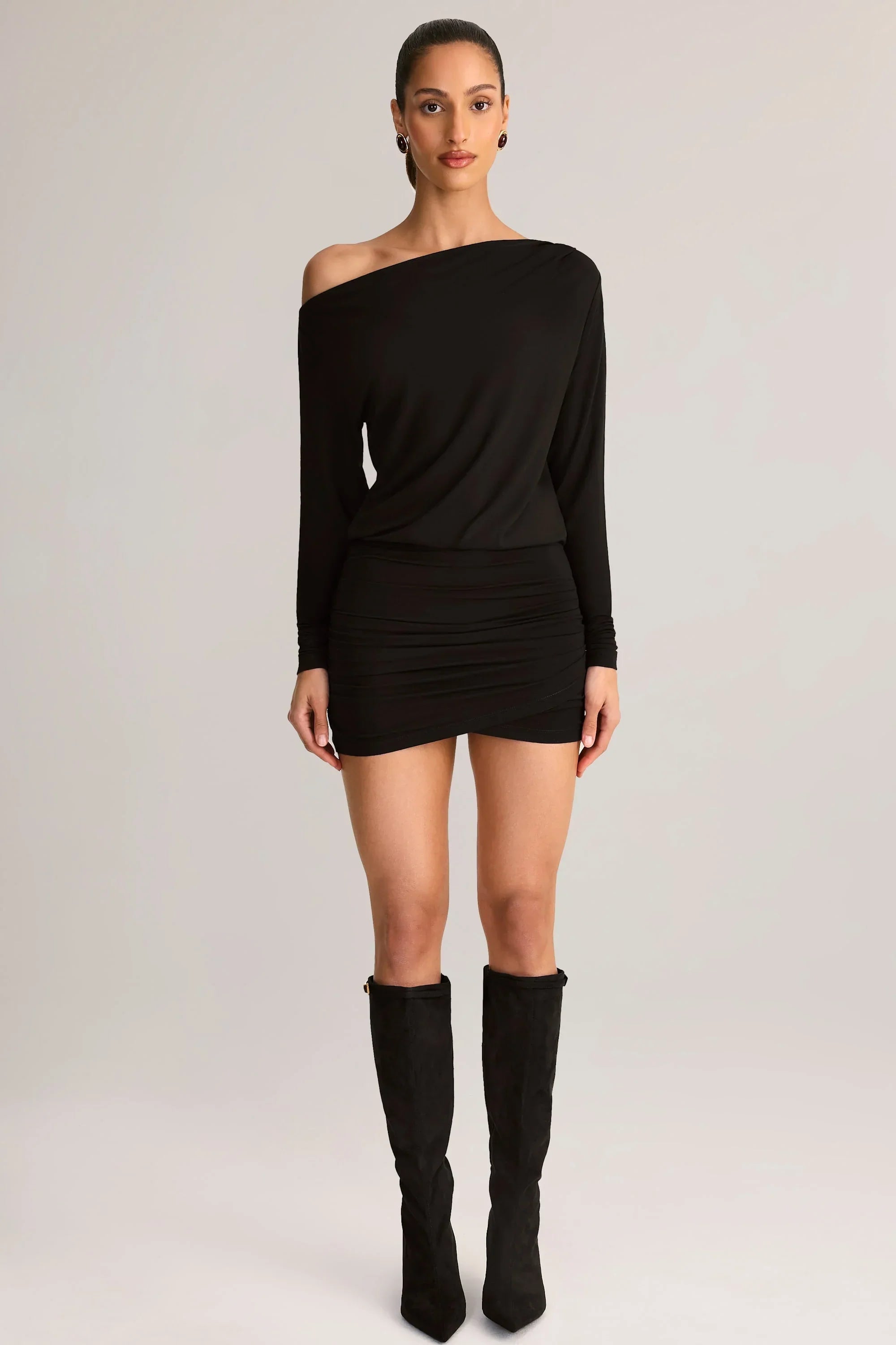 Modal Off Shoulder Wrap Mini Dress in Black
