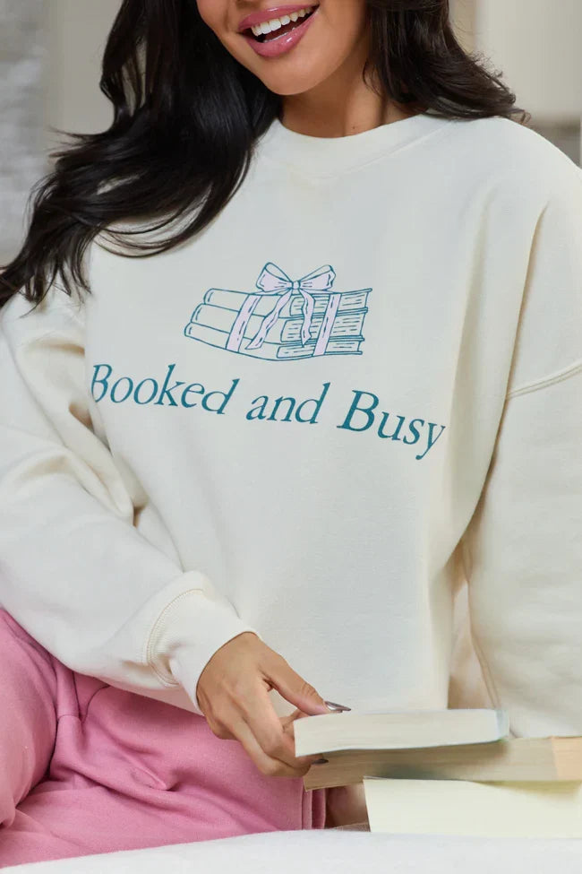 Booked Busy Cream Graphic Sweatshirt