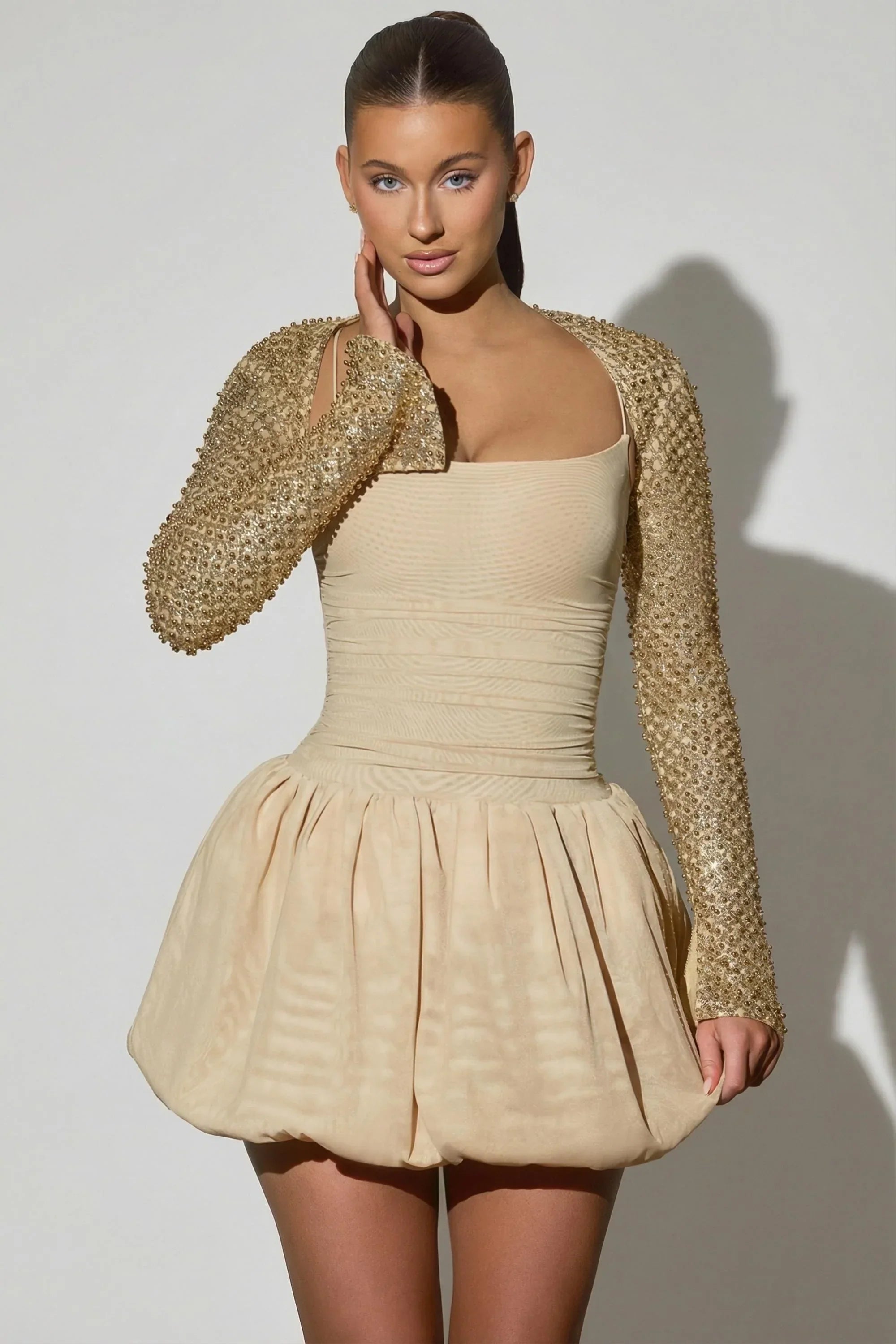 Embellished Bubble Hem Mini Dress in Gold
