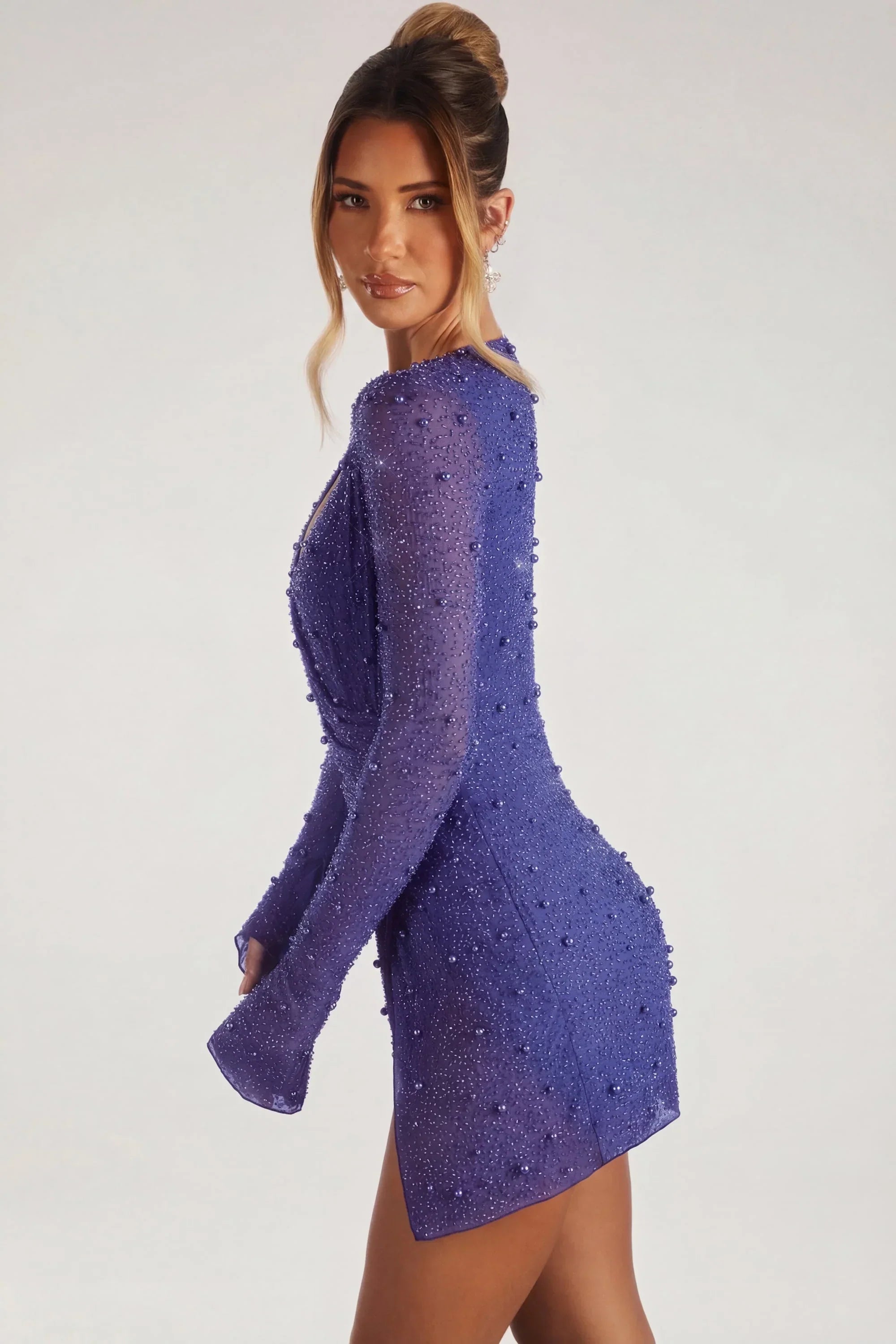 Embellished Wrap Over A Line Mini Dress in Dark Blue