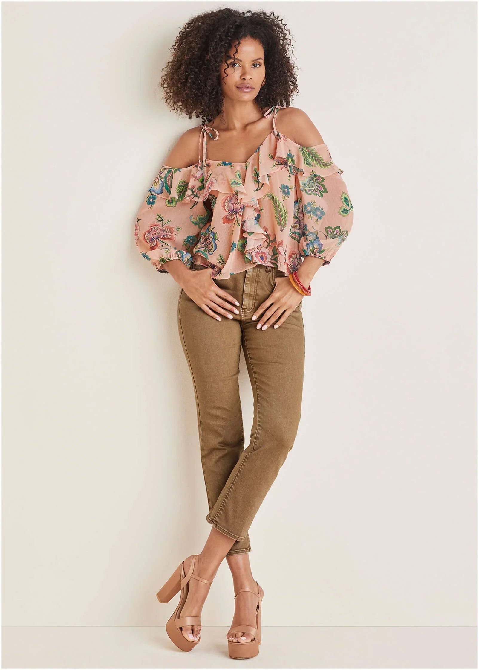 Chiffon Cold Shoulder Top Allover Needlework Floral