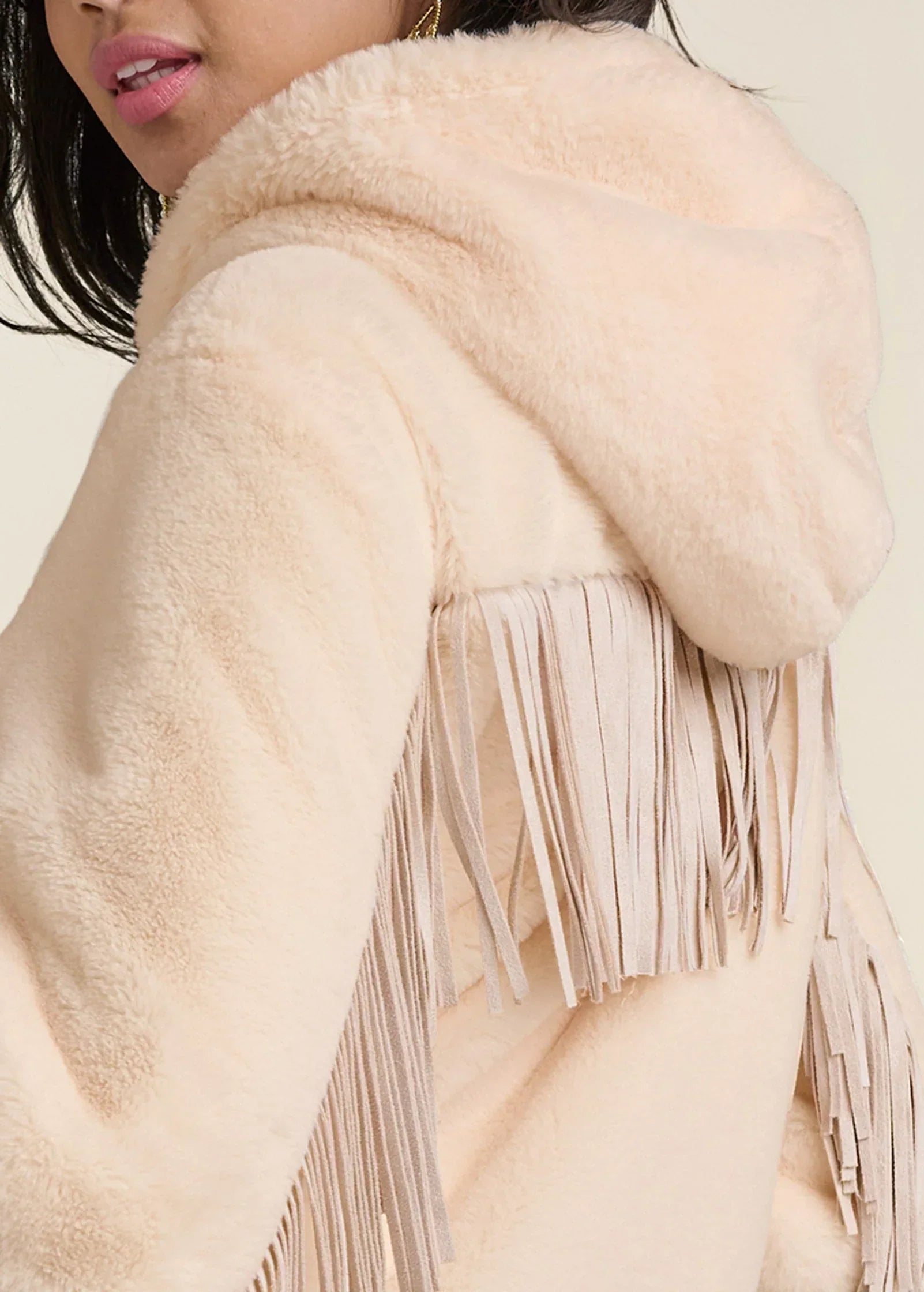 Faux Fur Bomber Jacket With Fringe Detail White