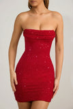 Embellished Strapless Cowl Neck Mini Dress in True Red