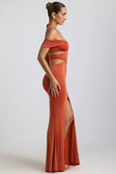 Slinky Jersey Cut Out Halterneck Gown in Burnt Orange
