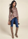 Distressed Faux Suede Scuba Hi Low Jacket Brown Multi