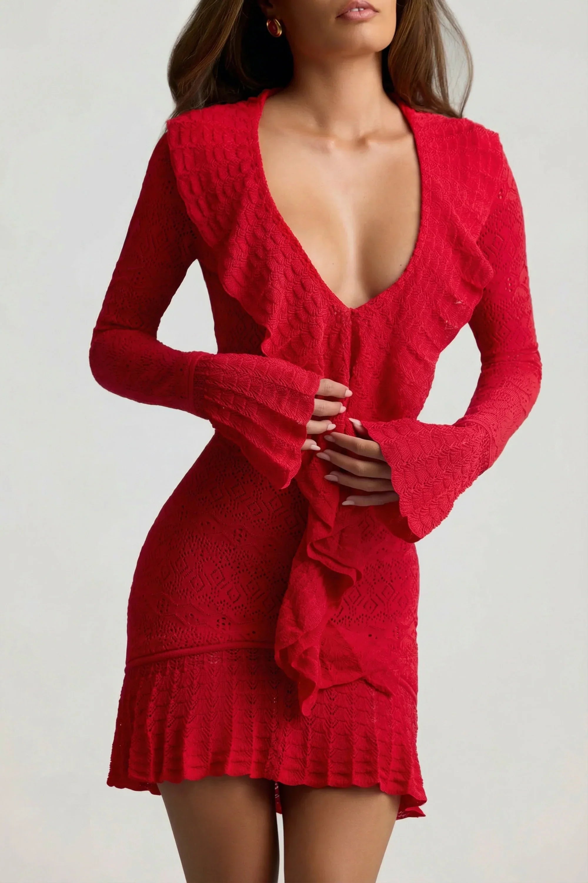 Ruffle Trim Pointelle Knit Mini Dress in Scarlet Red