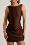 Draped Open Back A Line Mini Dress in Chocolate Brown