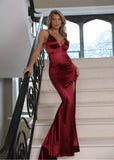 Touch of Glamour Satin Gown with Side Slit Wine