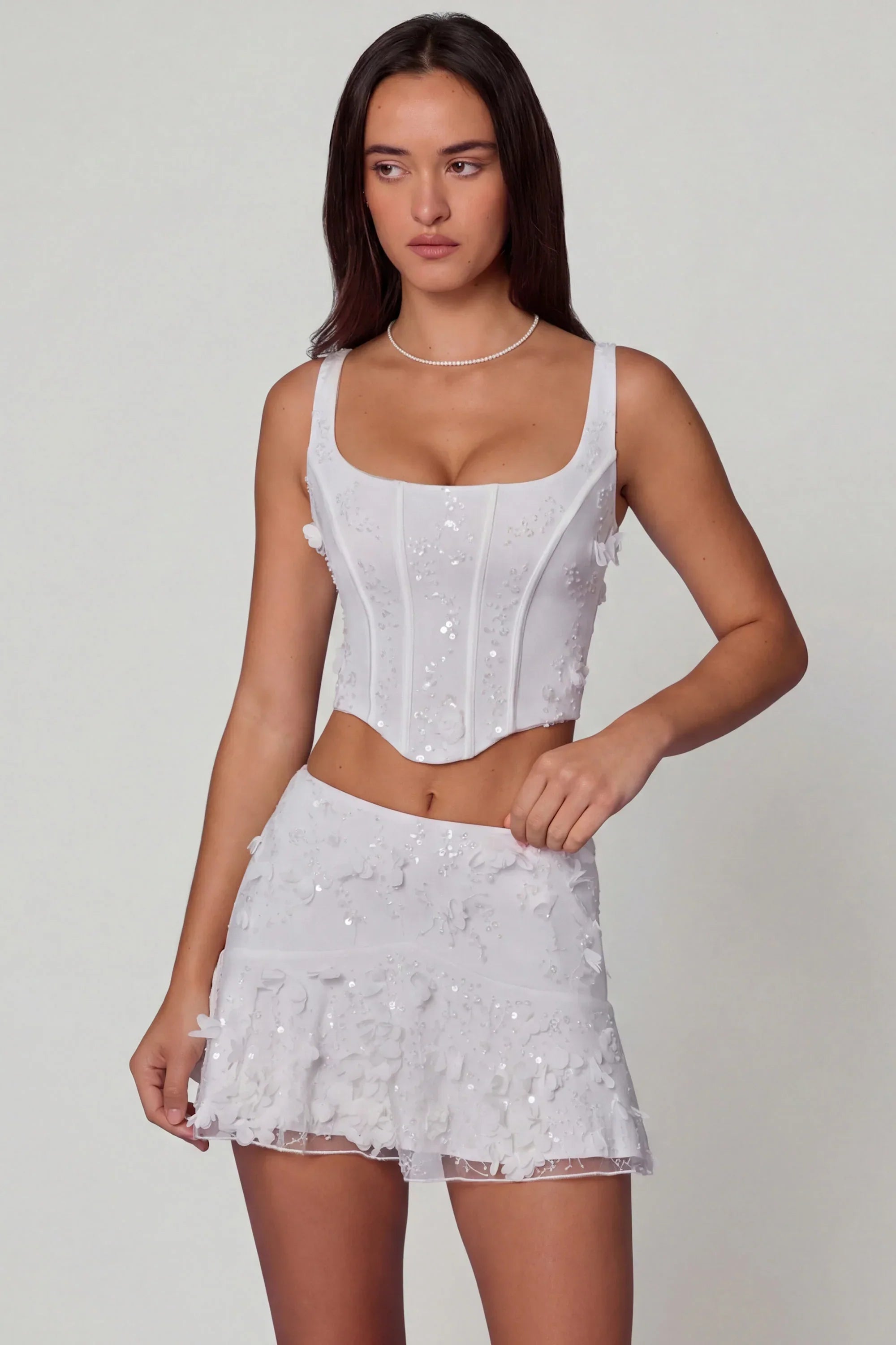 Embellished Lace Up Corset Top in White
