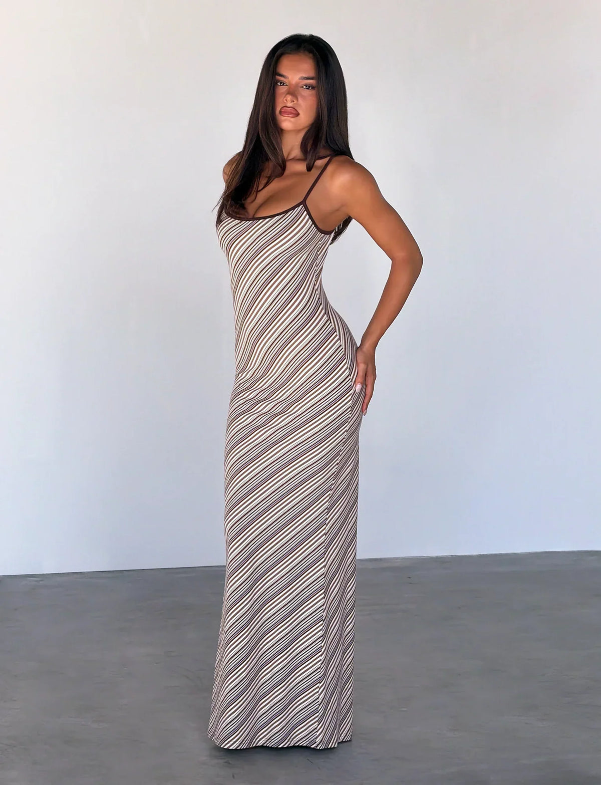 SLOANE MAXI DRESS TAN AND CHOC STRIPE
