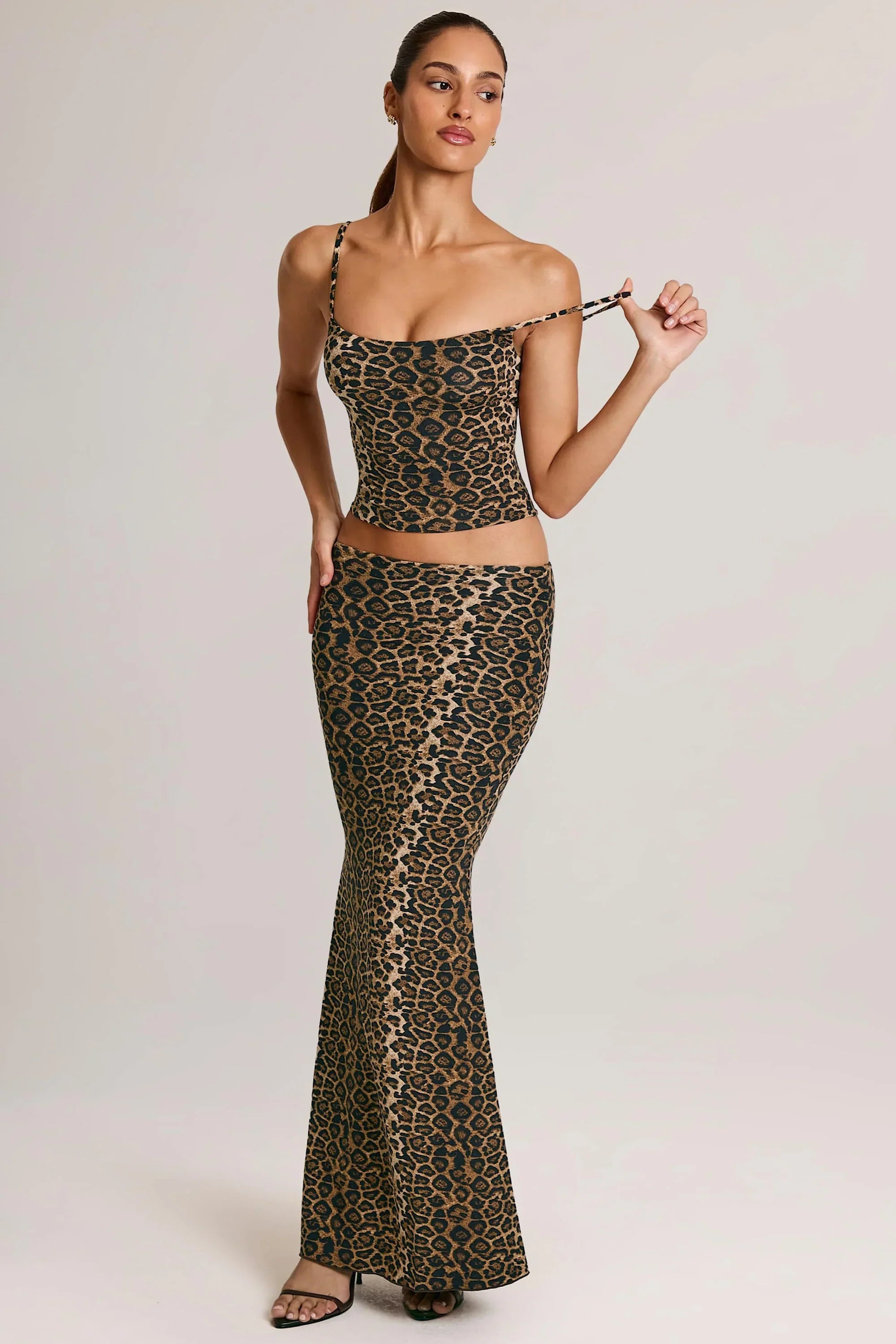 Modal Mid Rise Fishtail Maxi Skirt in Leopard Print