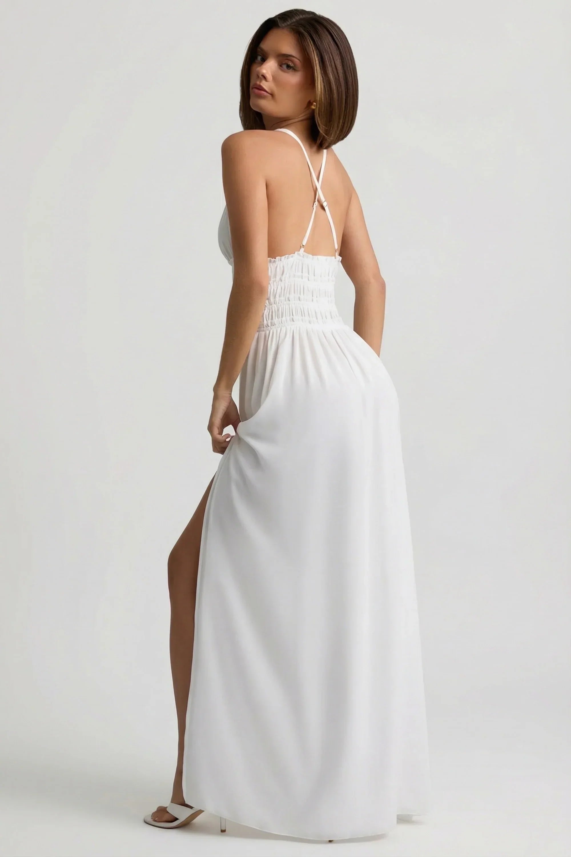 Plunge Cross Back Maxi Dress in White