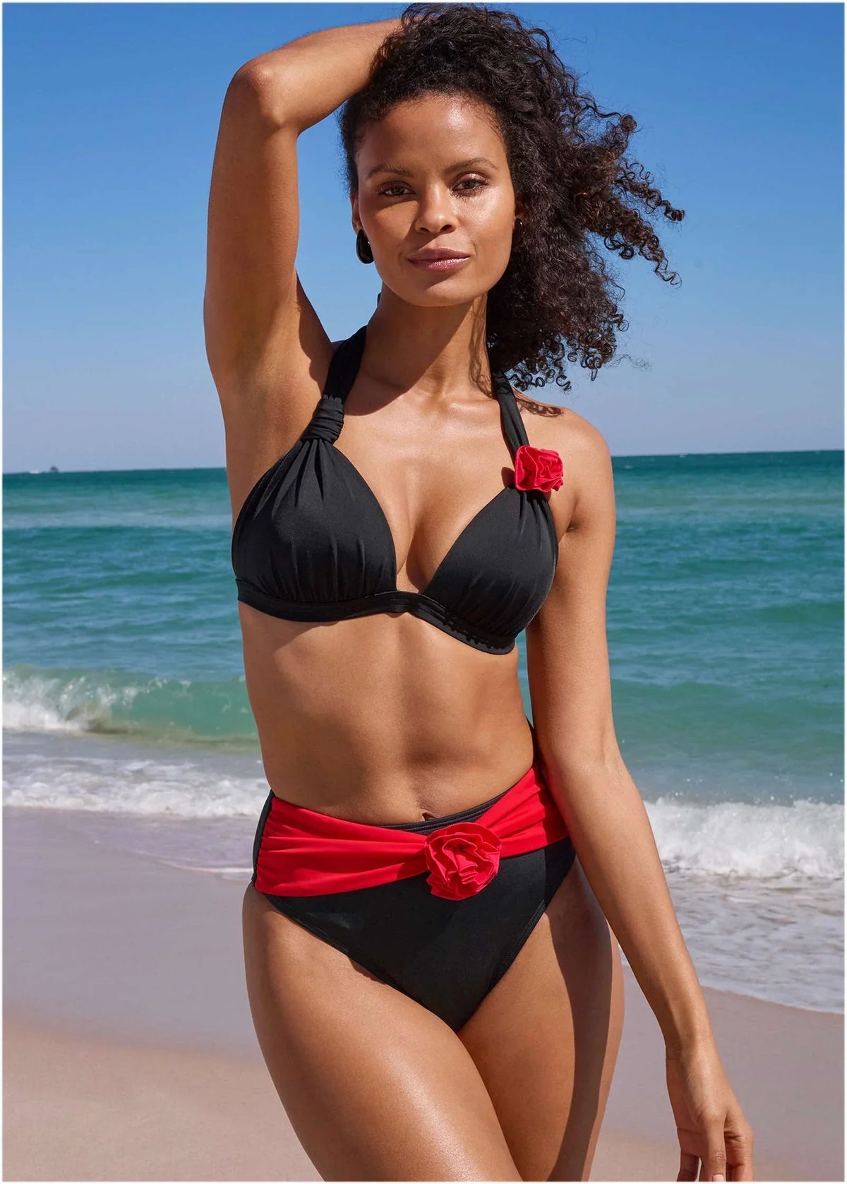Rosette Goddess Push Up Halter Top Black Red