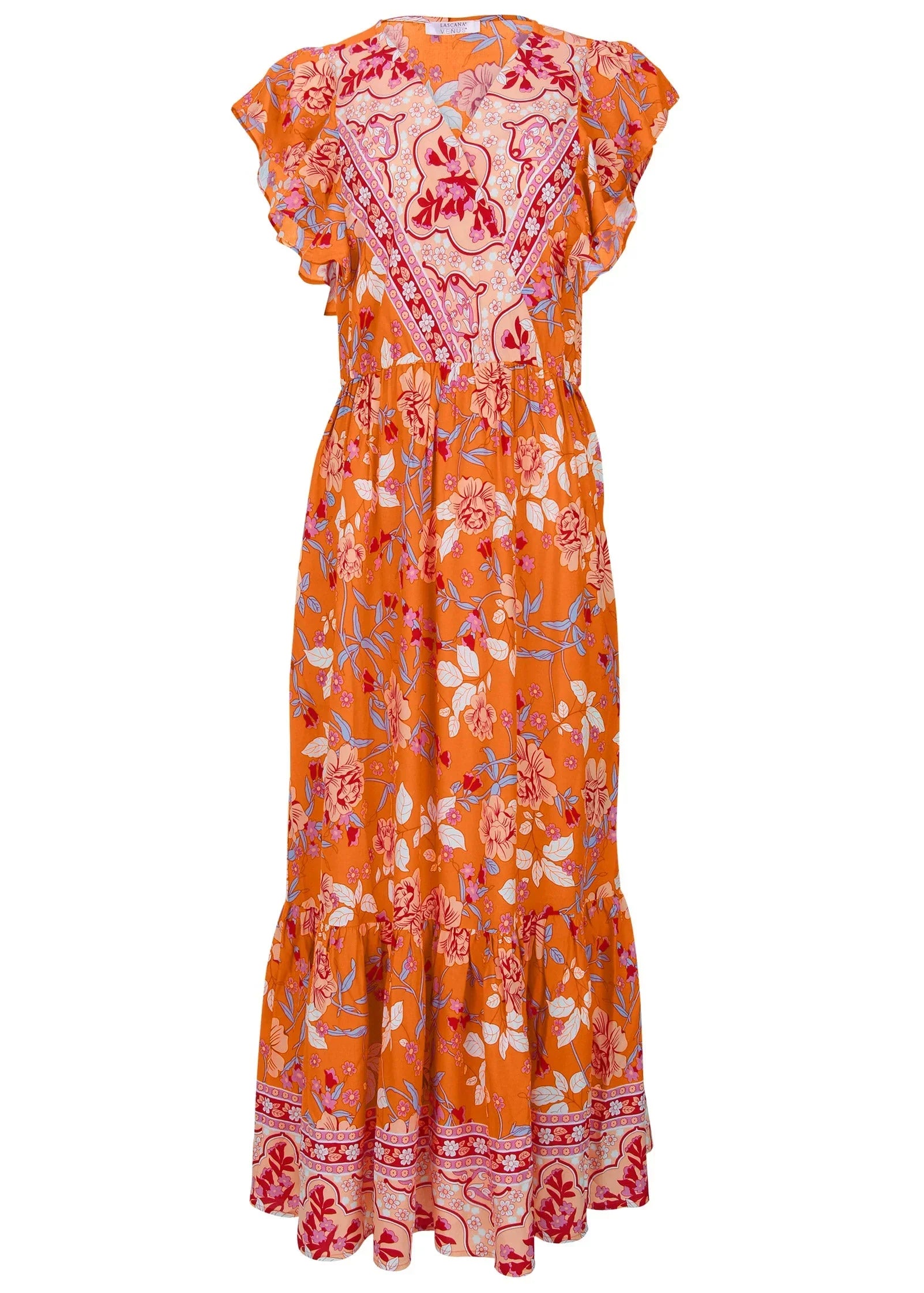 Flutter Sleeve Midi Dress Orange Multi