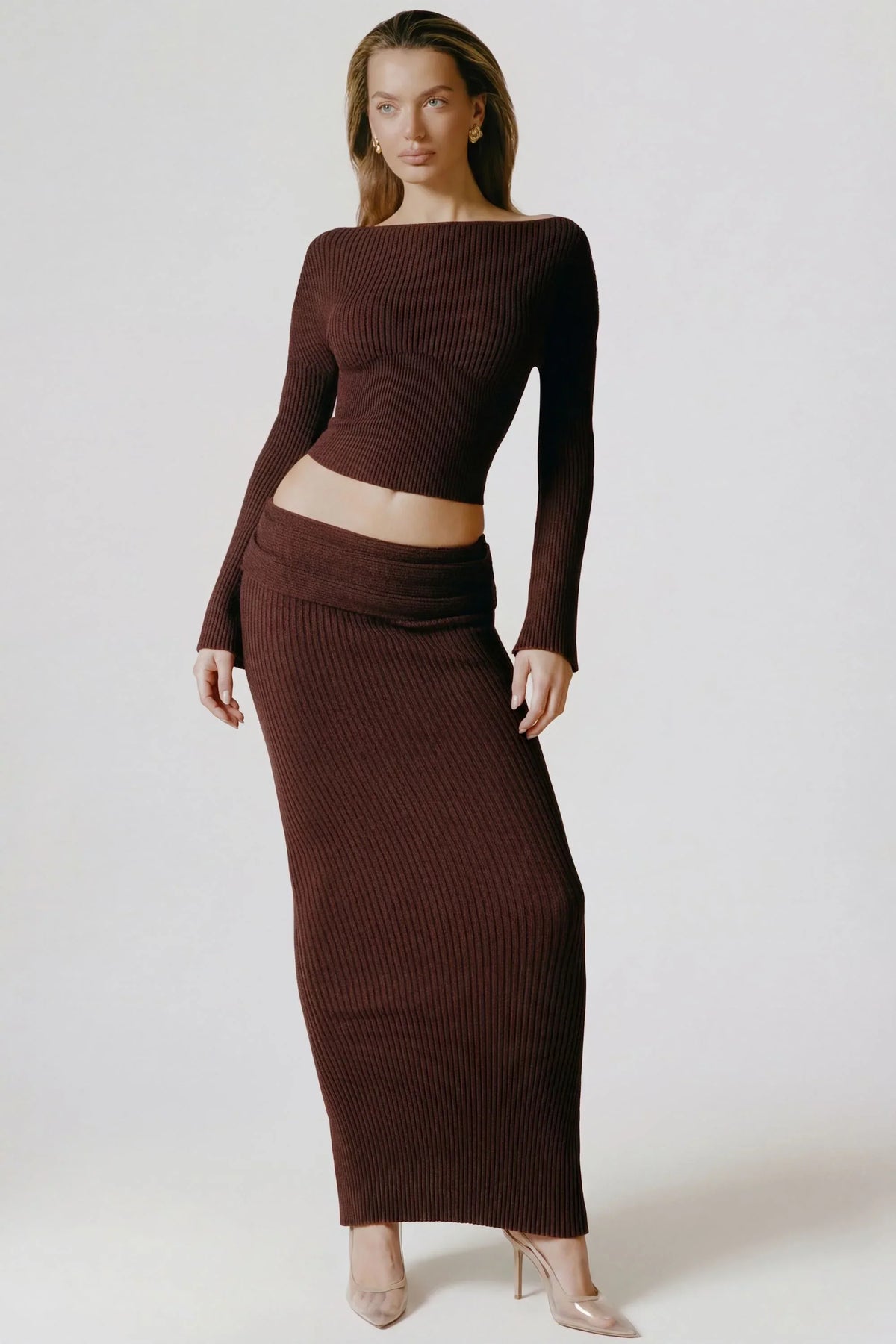 Ribbed Knit Foldover Maxi Skirt in Espresso