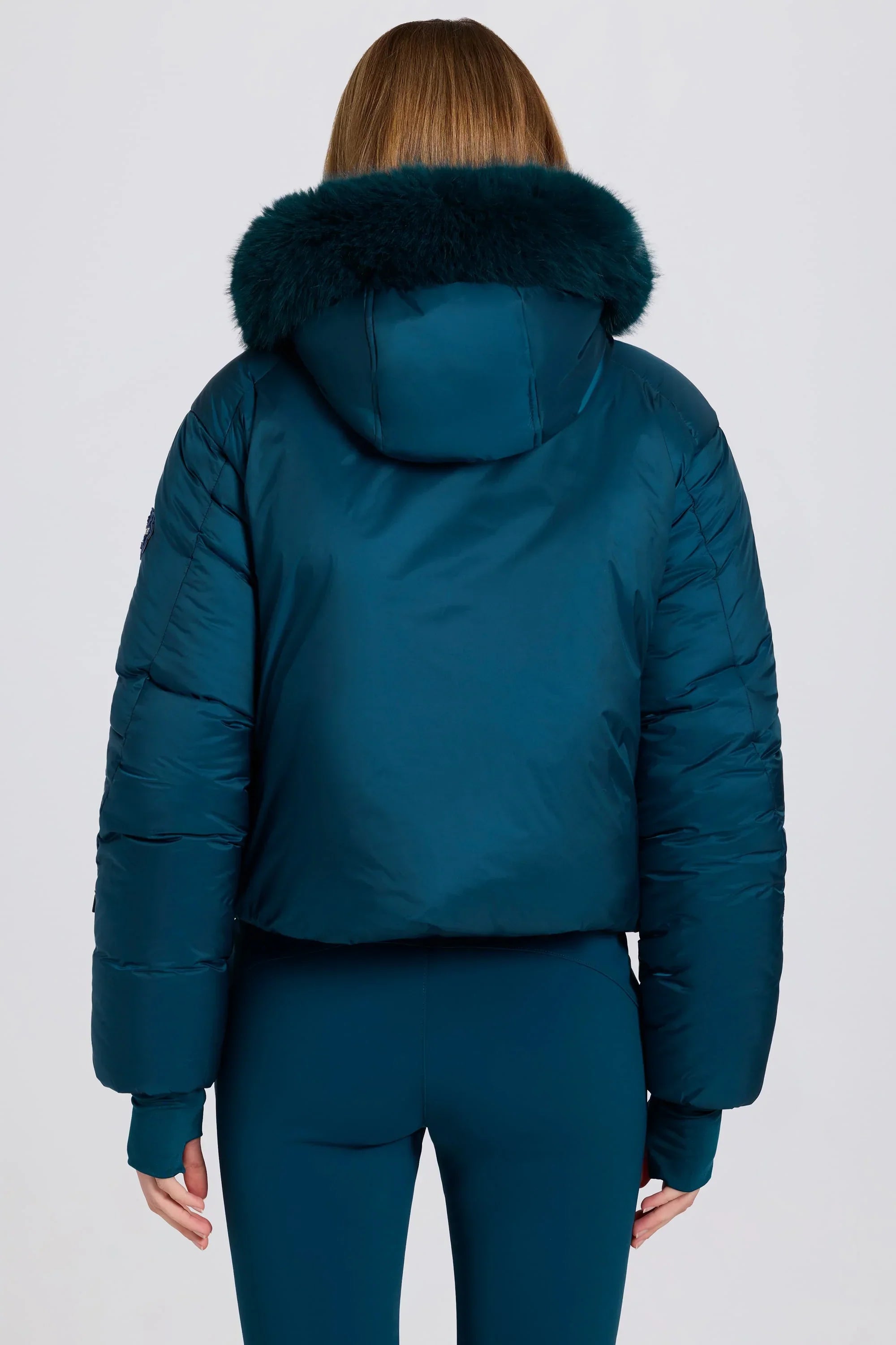 Waterproof Faux Fur Hood Cropped Ski Jacket in Teal