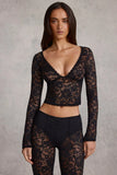 Sheer Lace Plunge Neck Long Sleeve Top in Black
